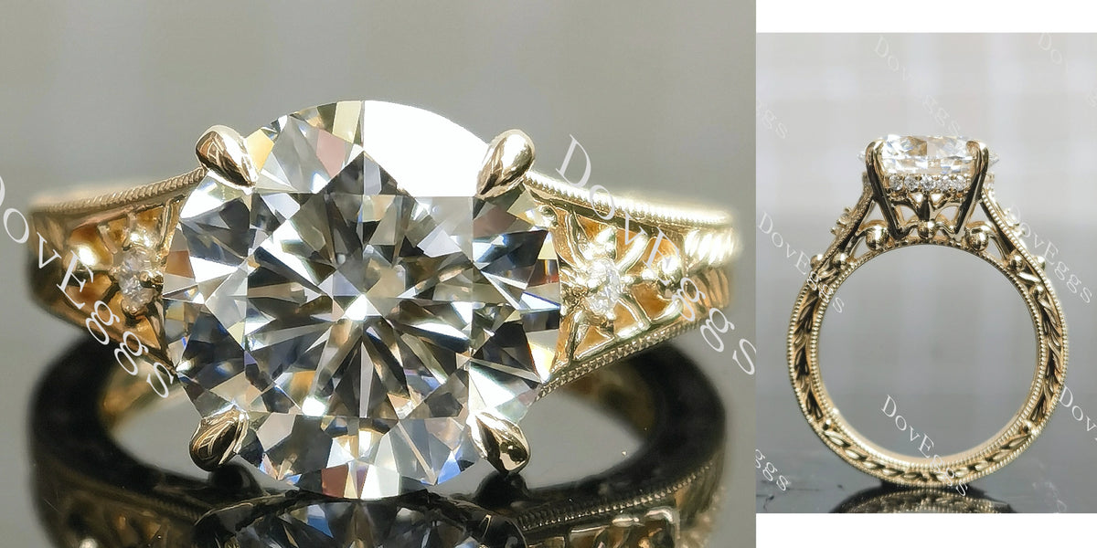 Beth's golden vintage-Round carved moissanite engagement ring| DovEggs