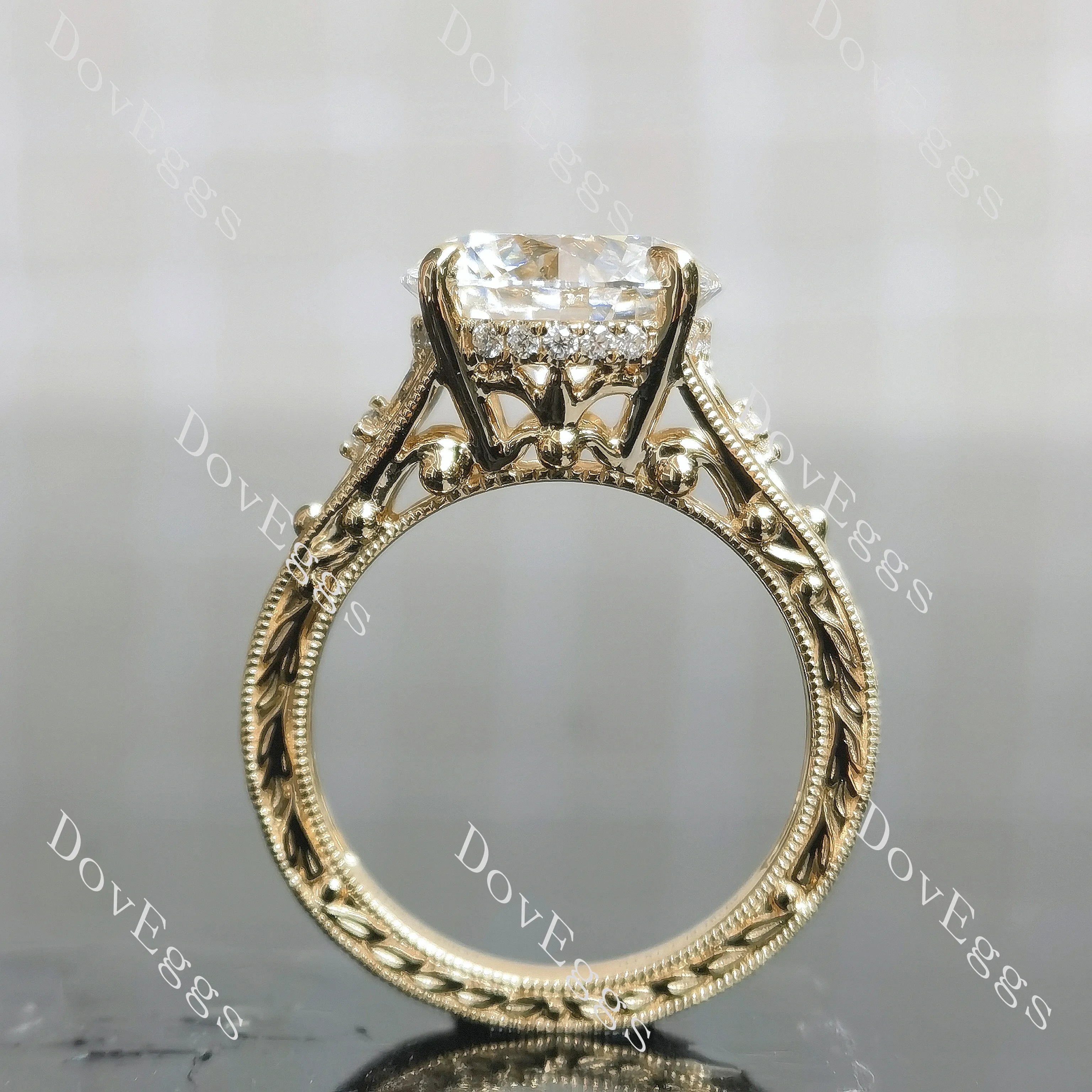 Beth's golden vintage-Round carved moissanite engagement ring| DovEggs