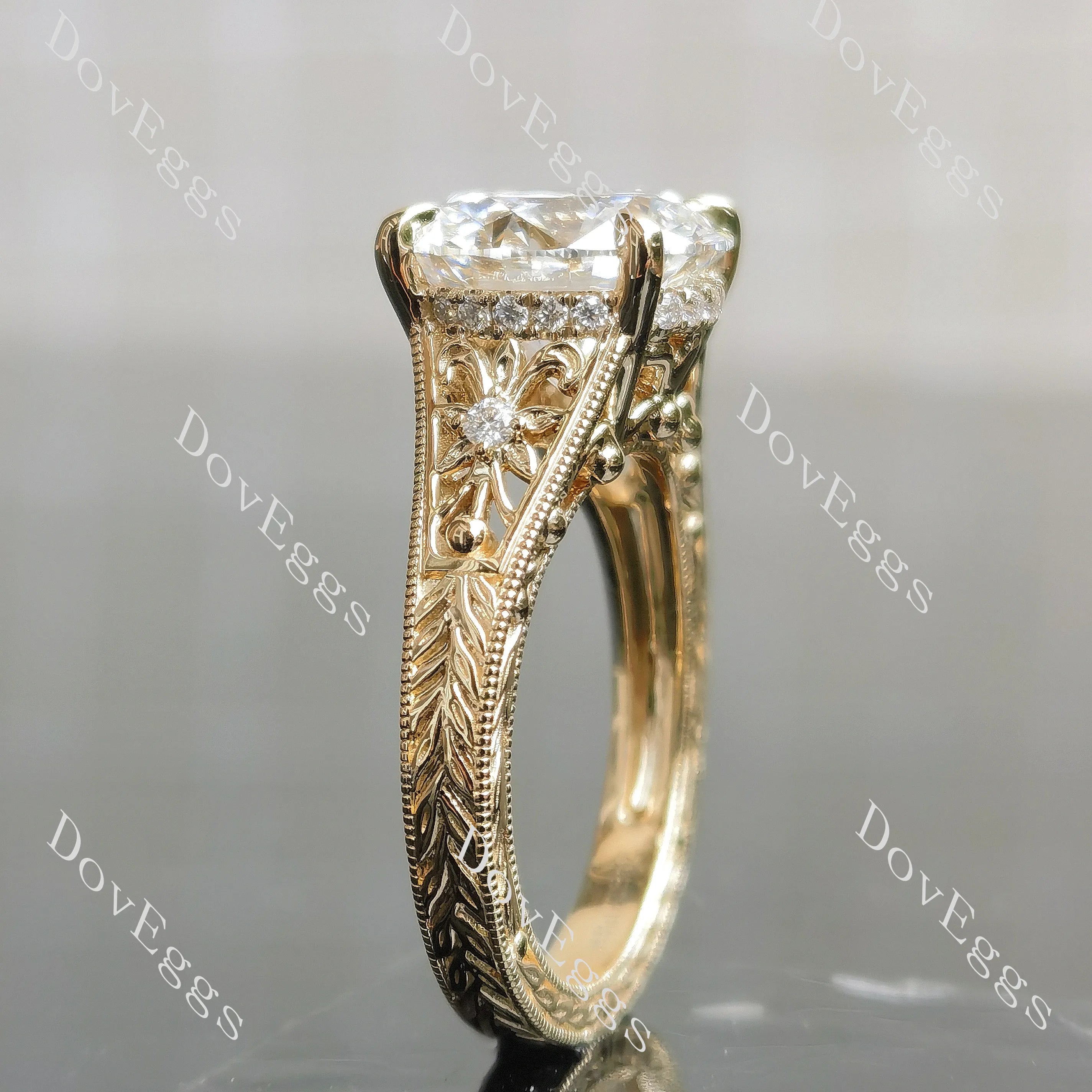 Beth's golden vintage-Round carved moissanite engagement ring| DovEggs