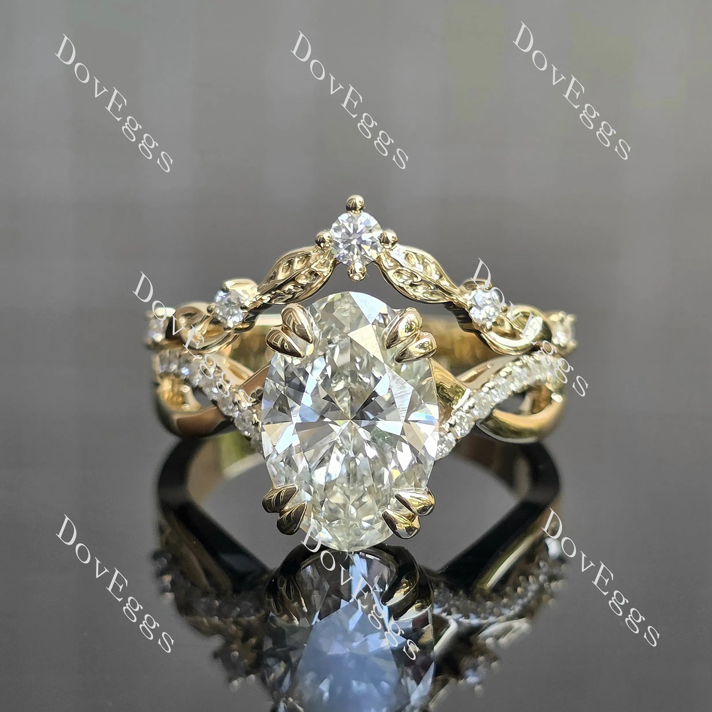 Oval vine & leaf pave moissanite engagement ring| DovEggs