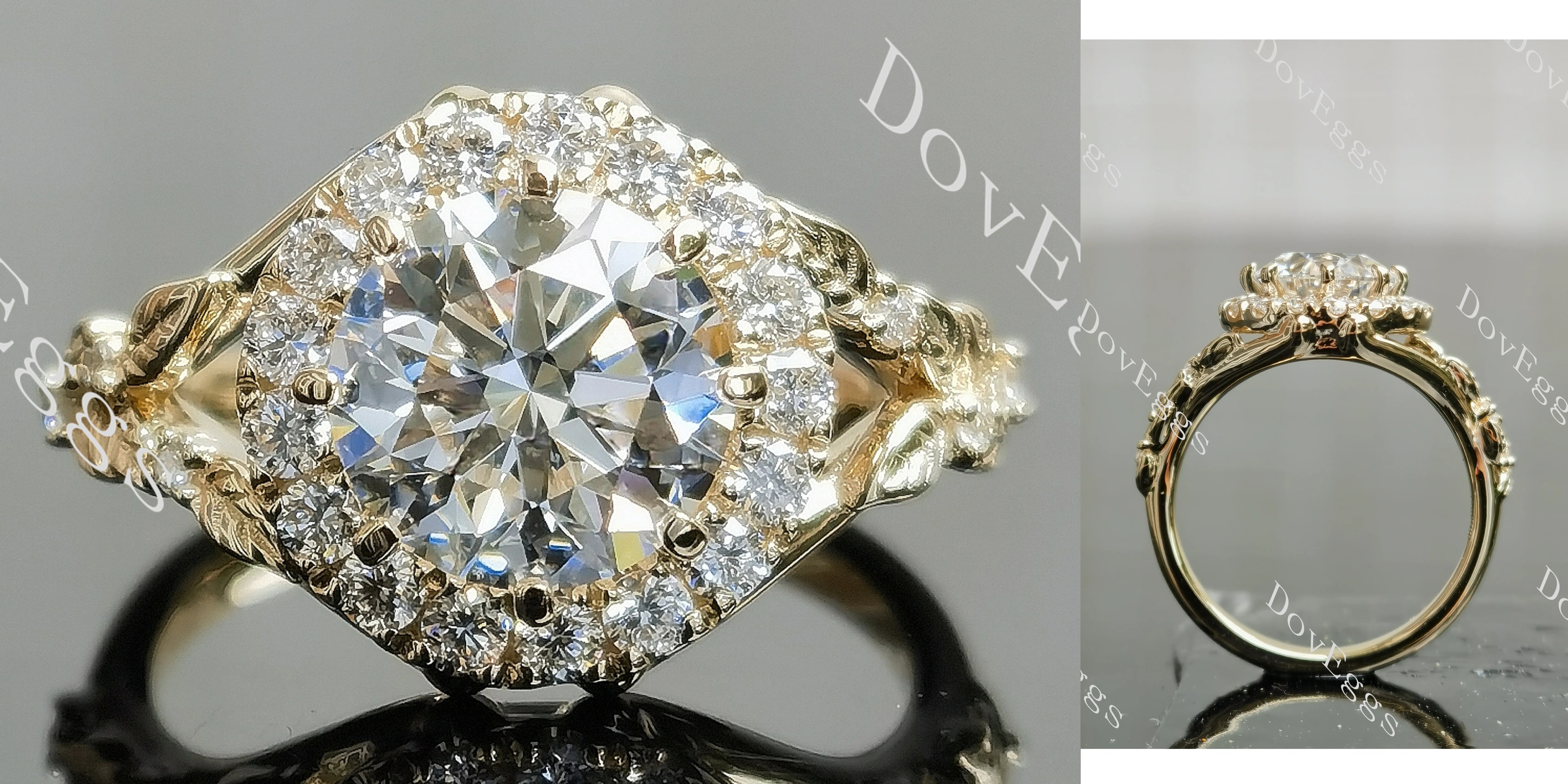 Beth's Leaves of Autumn-Round halo art deco moissanite engagement ring| DovEggs