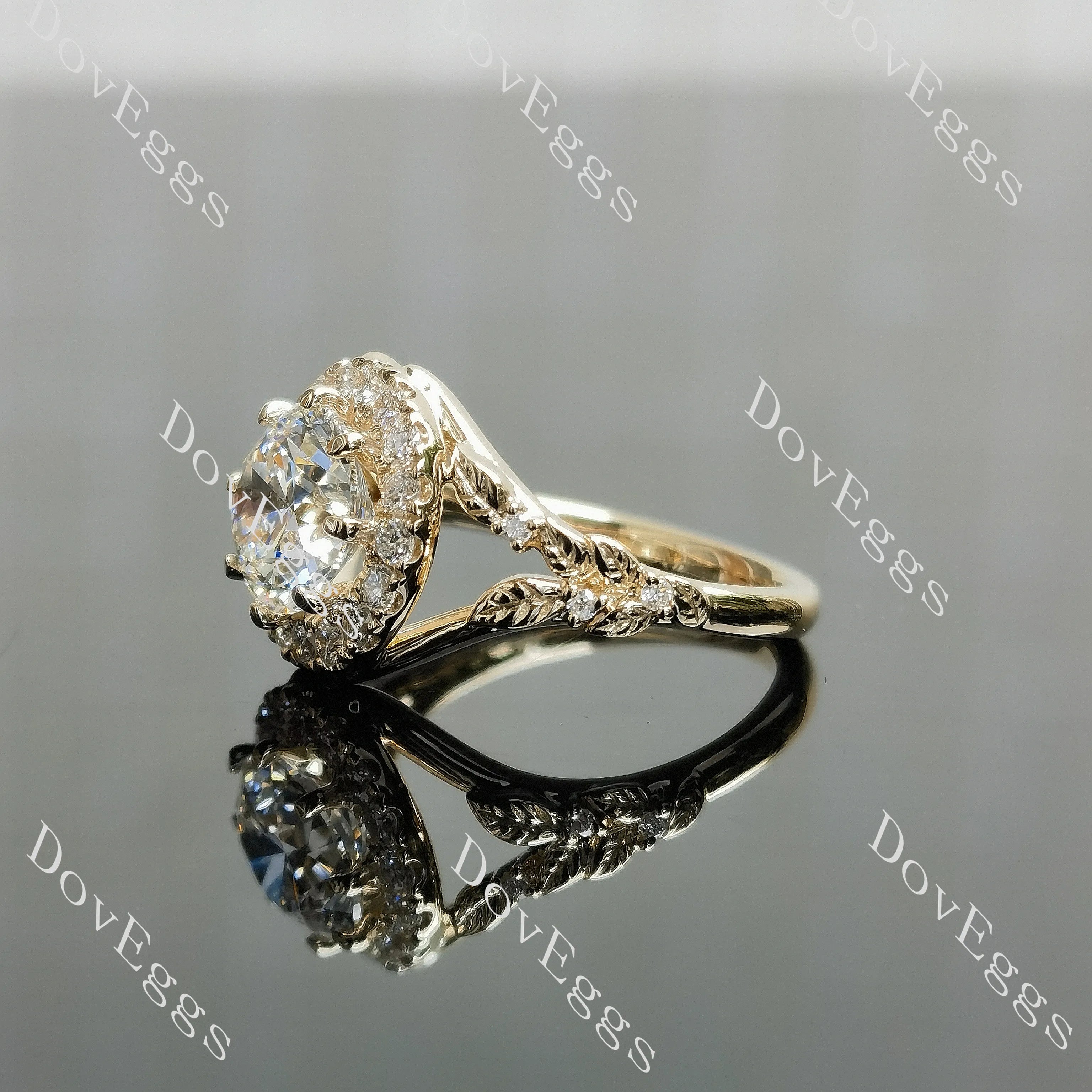 Beth's Leaves of Autumn-Round halo art deco moissanite engagement ring| DovEggs