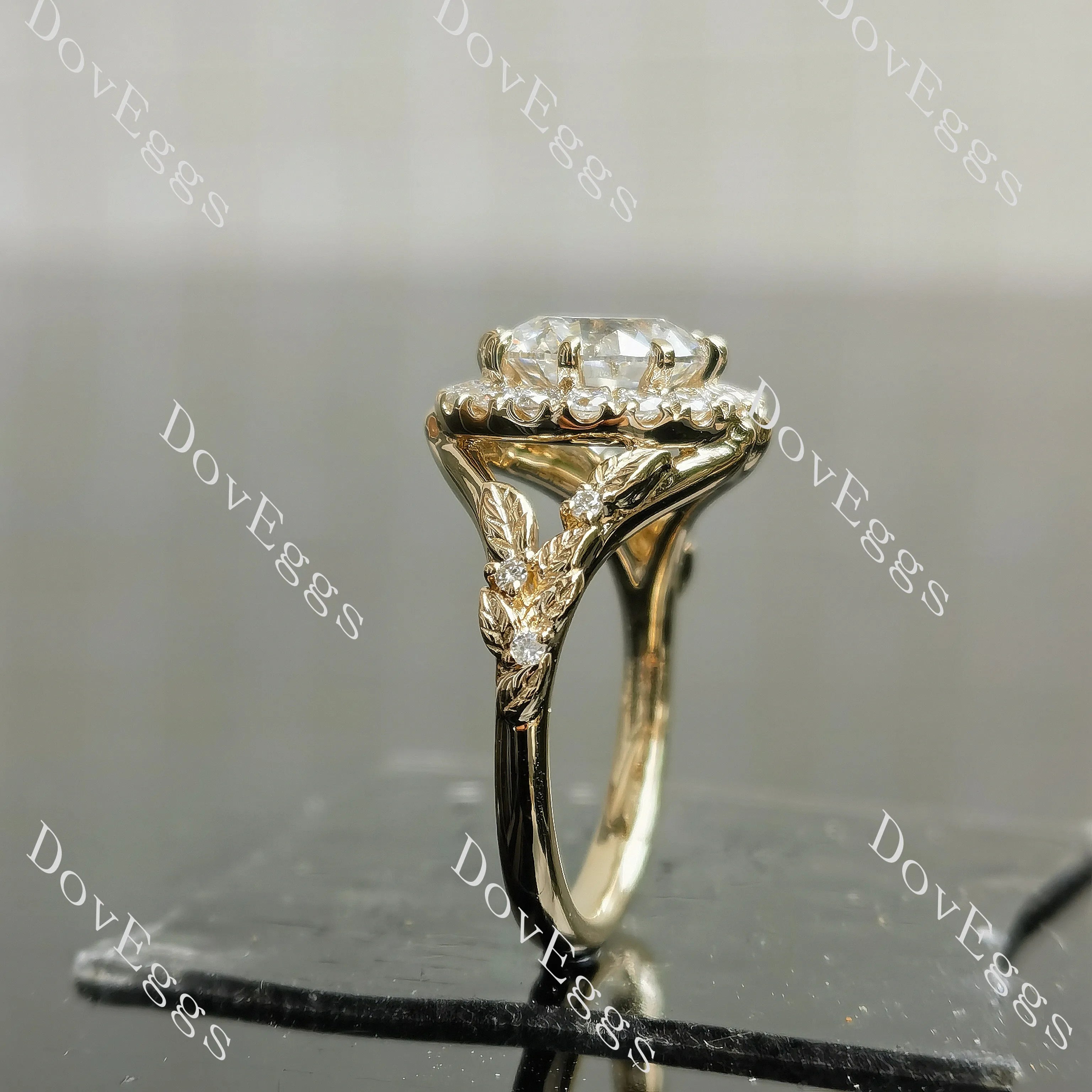 Beth's Leaves of Autumn-Round halo art deco moissanite engagement ring| DovEggs