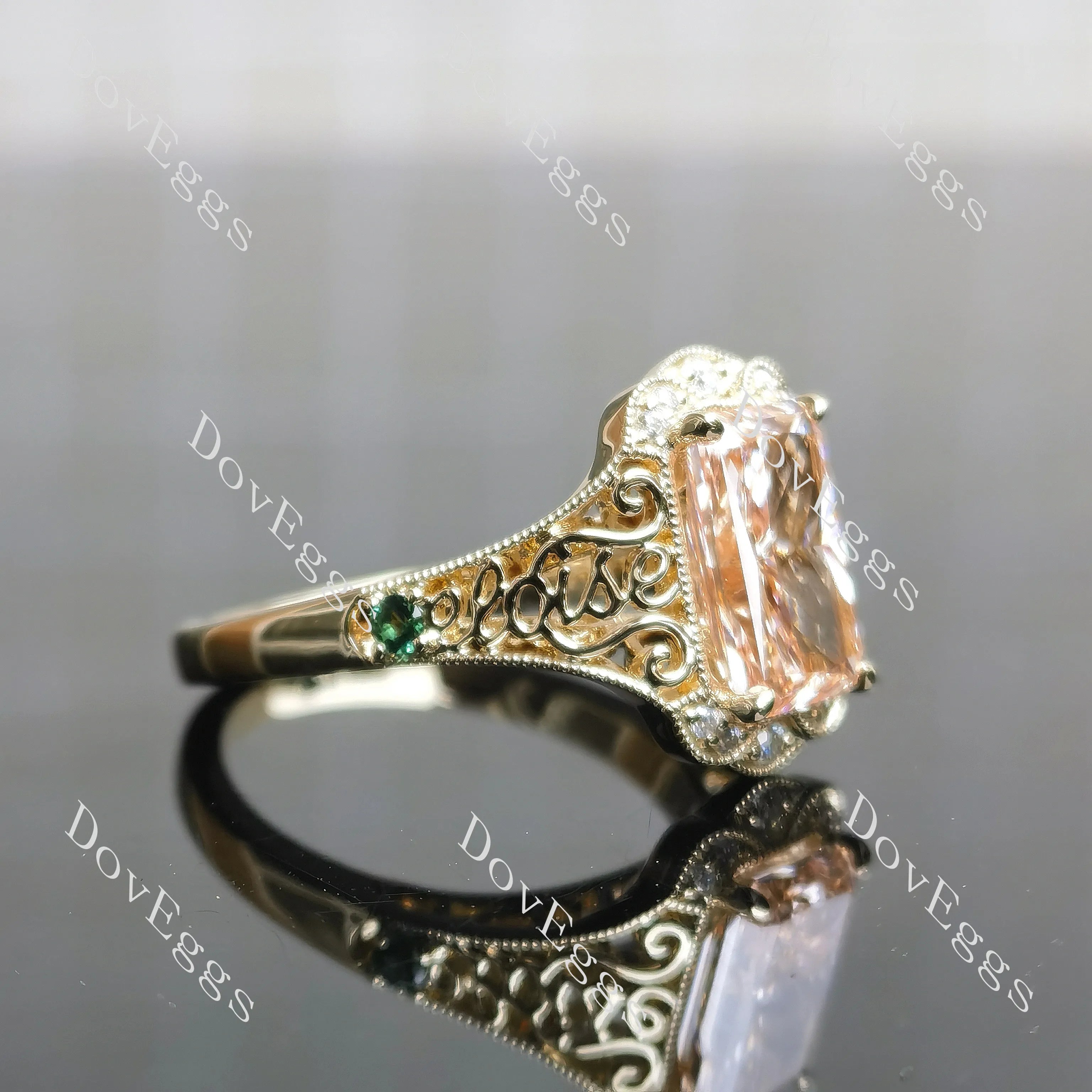 Radiant carved art deco moissanite engagement ring| DovEggs