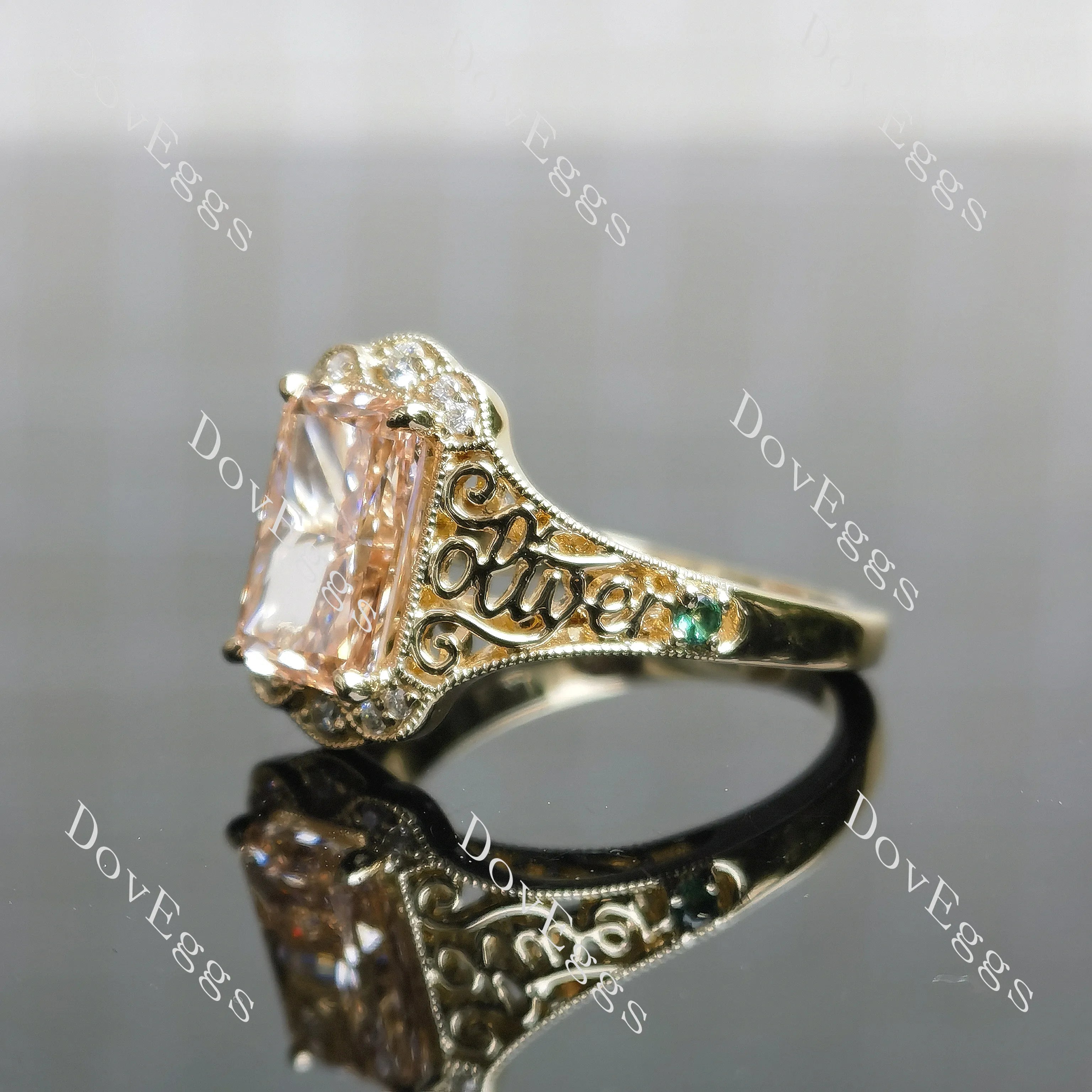Radiant carved art deco moissanite engagement ring| DovEggs