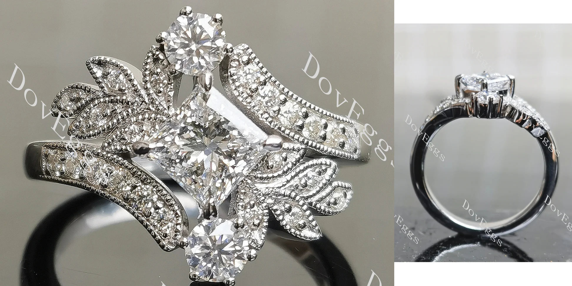 Floral art deco lab diamond engagement ring semi-mount only(Exclusively to DovEggs Stones)