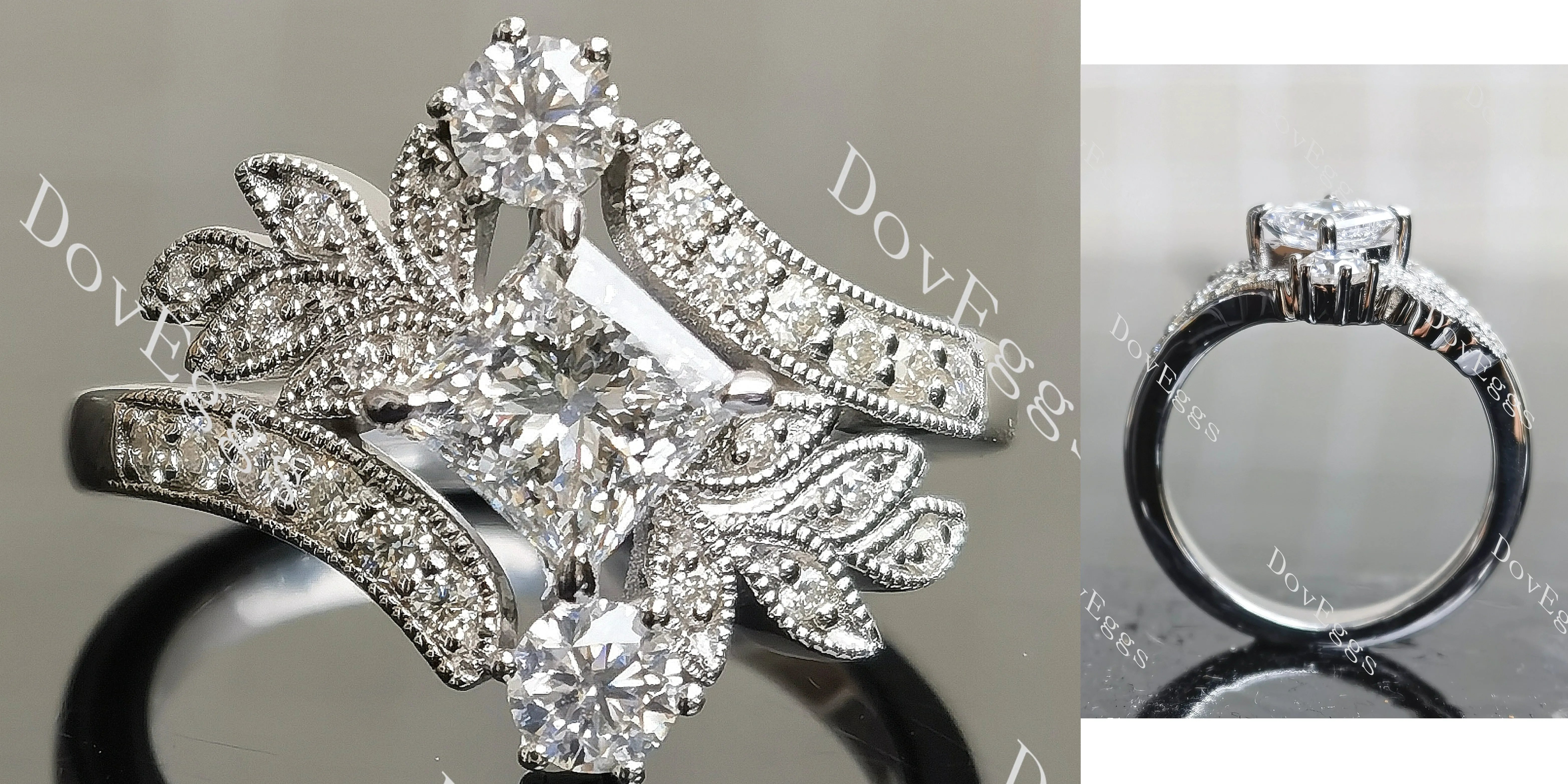 Princess floral art deco moissanite engagement ring| DovEggs