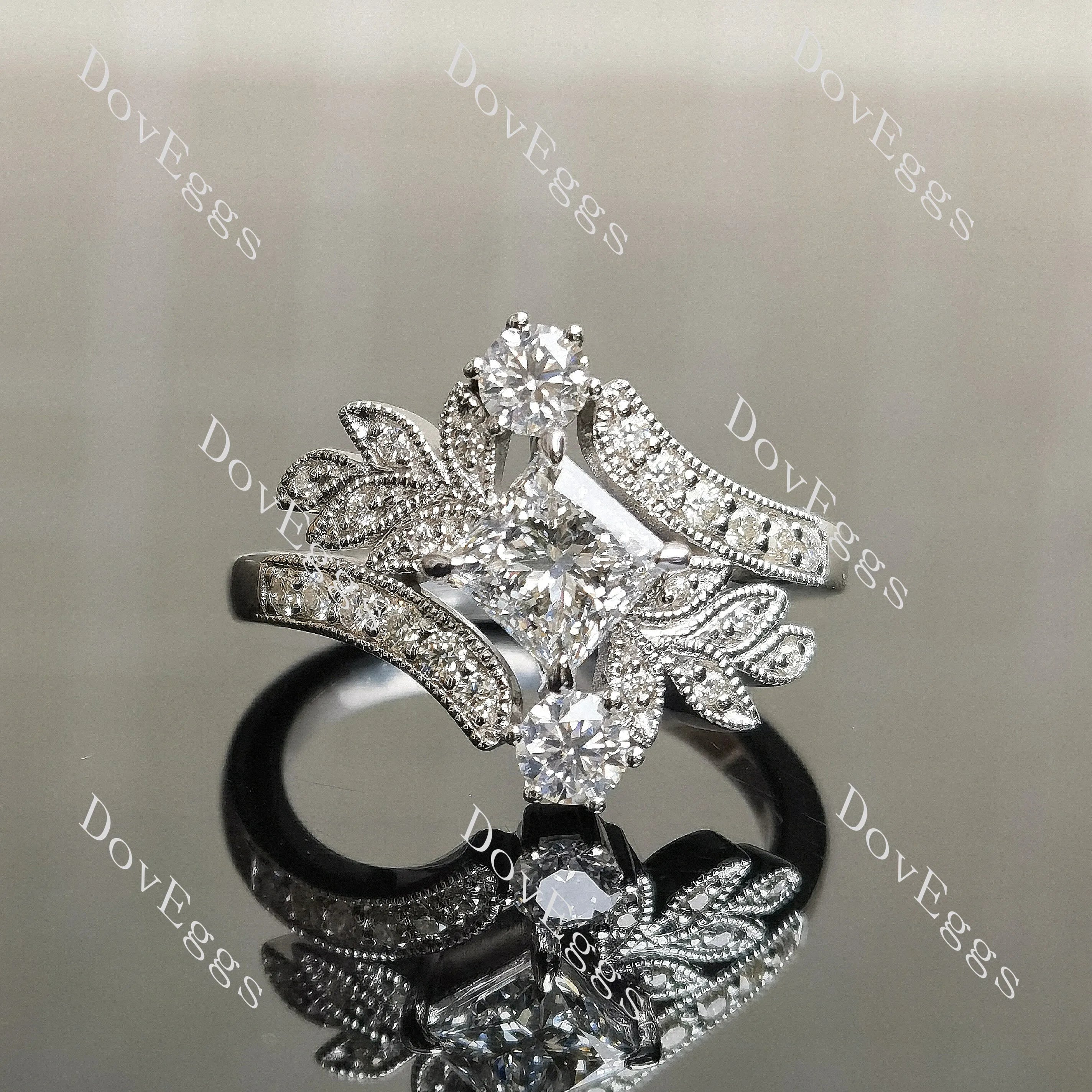 Princess floral art deco moissanite engagement ring| DovEggs