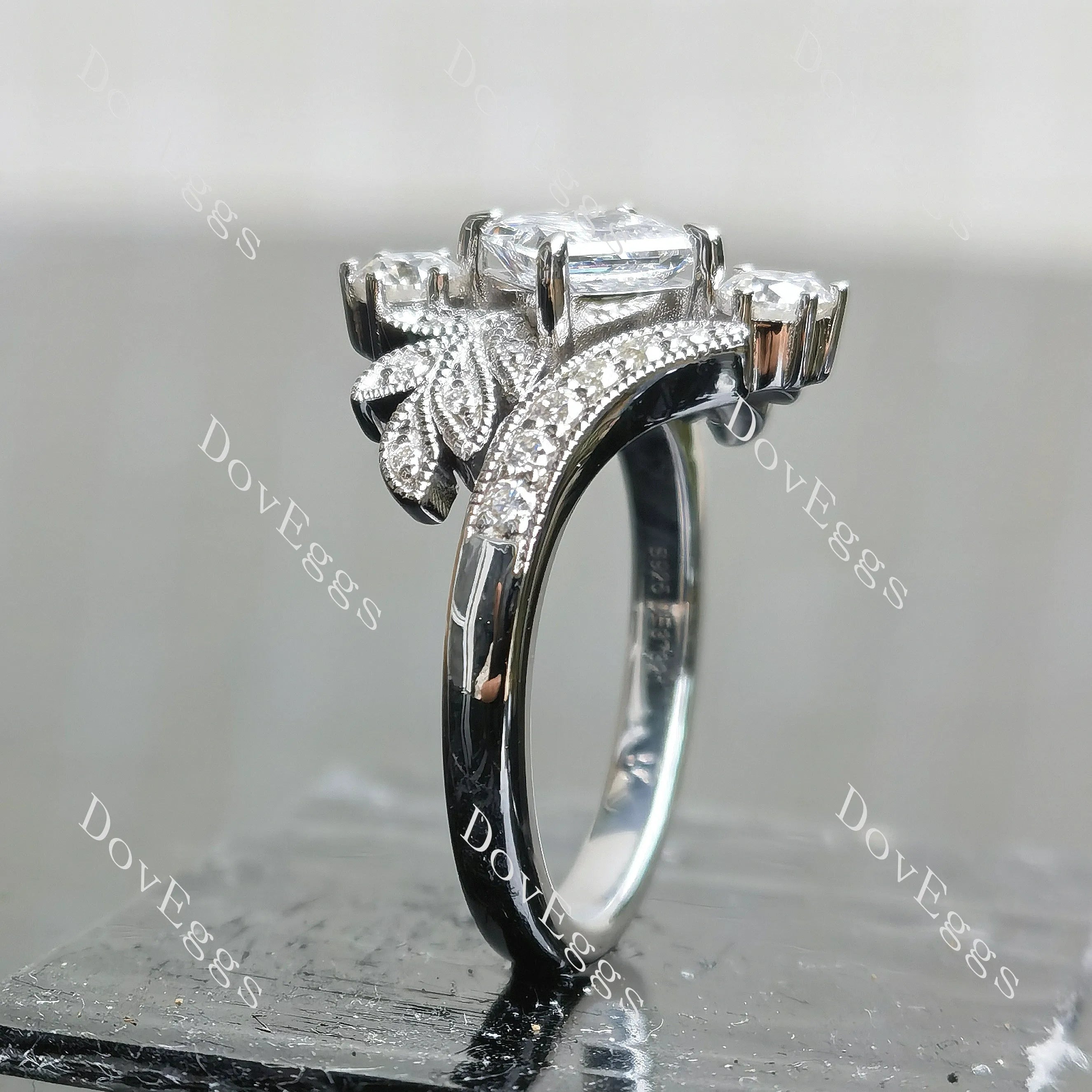 Princess floral art deco moissanite engagement ring| DovEggs
