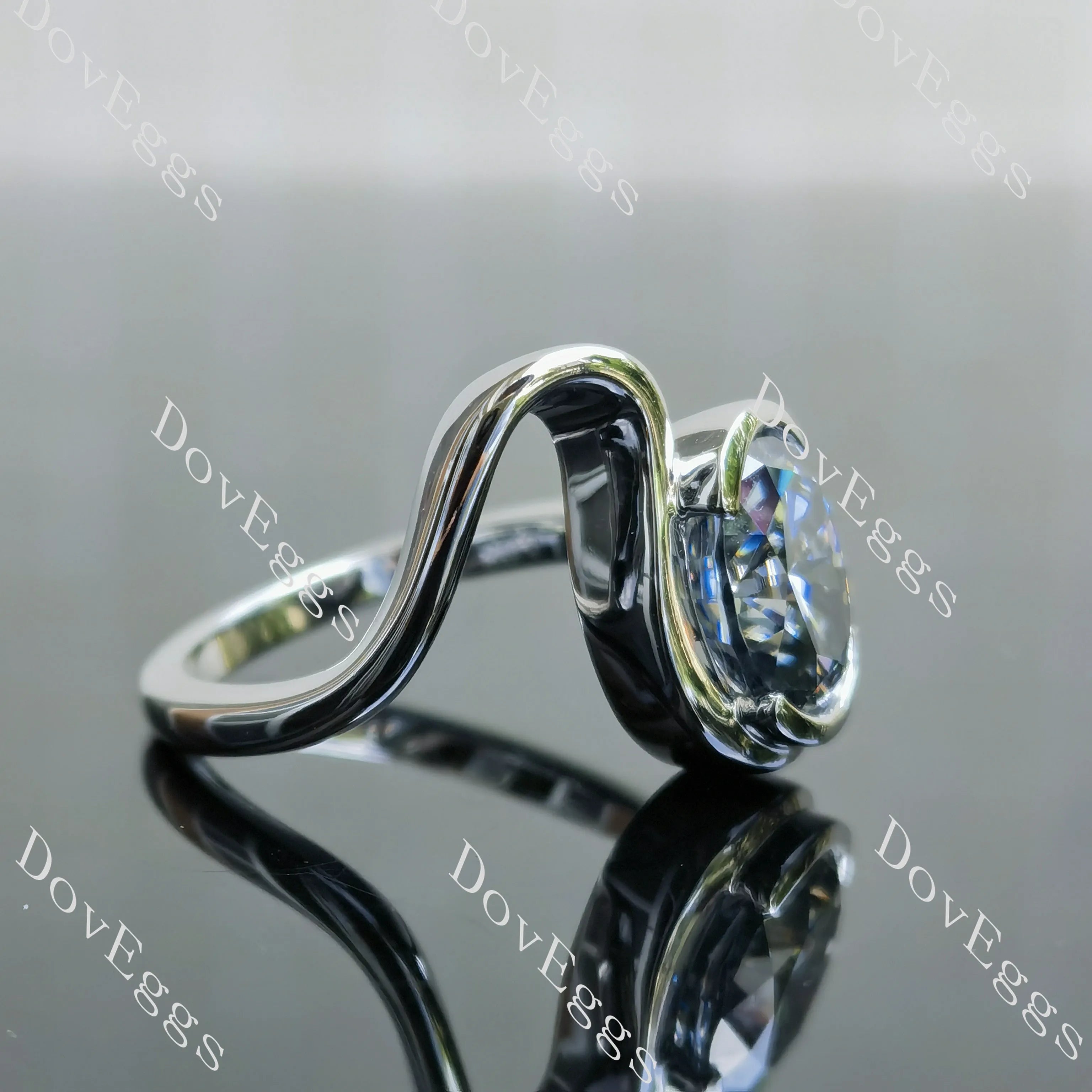 Oval twist bezel solitaire grey moissanite engagement ring| DovEggs