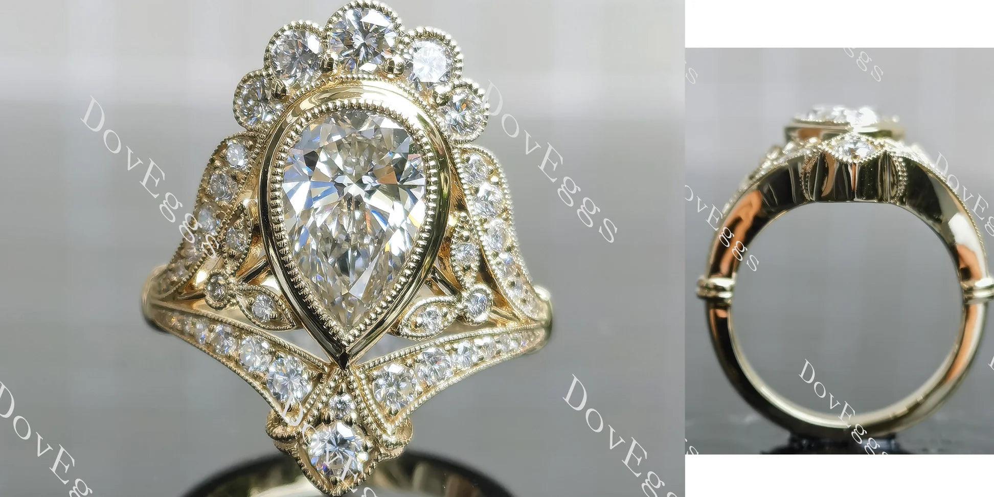 Beth's Victorian Lace-Pear bezel halo art deco vintage lab diamond engagement ring semi-mount only(Exclusively to DovEggs Stones)