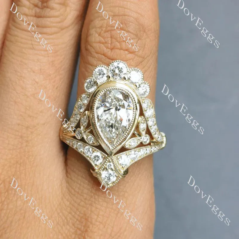 Beth's Victorian Lace-Pear bezel halo art deco vintage lab diamond engagement ring semi-mount only(Exclusively to DovEggs Stones)