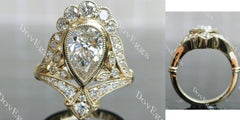 Beth's Victorian Lace-Pear bezel halo art deco moissanite engagement ring| DovEggs