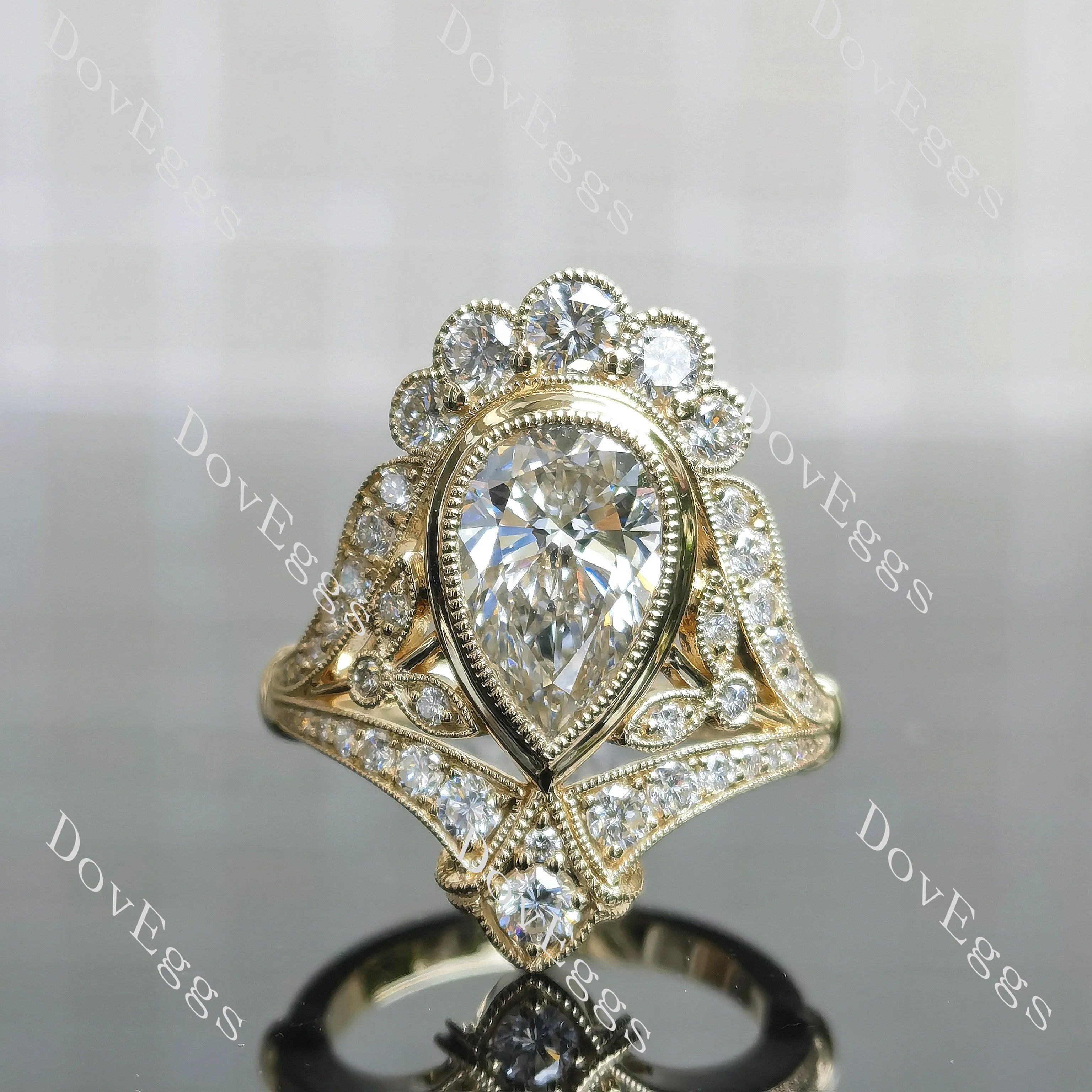 Beth's Victorian Lace-Pear bezel halo art deco moissanite engagement ring| DovEggs