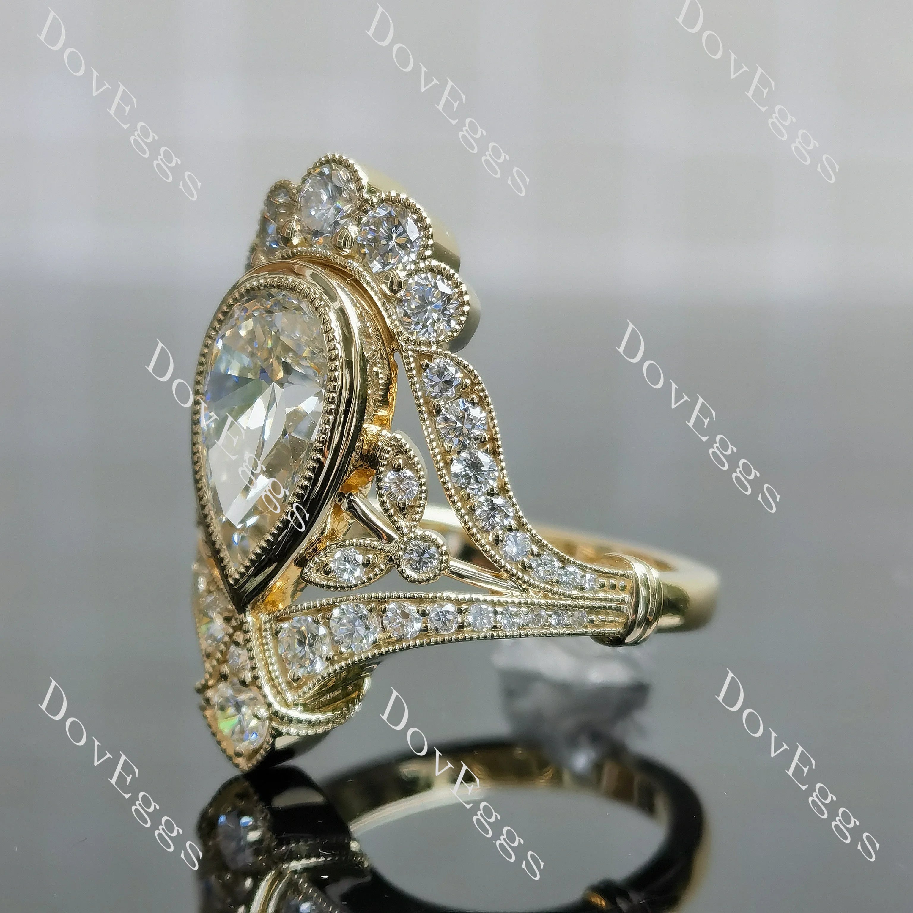 Beth's Victorian Lace-Pear bezel halo art deco moissanite engagement ring| DovEggs