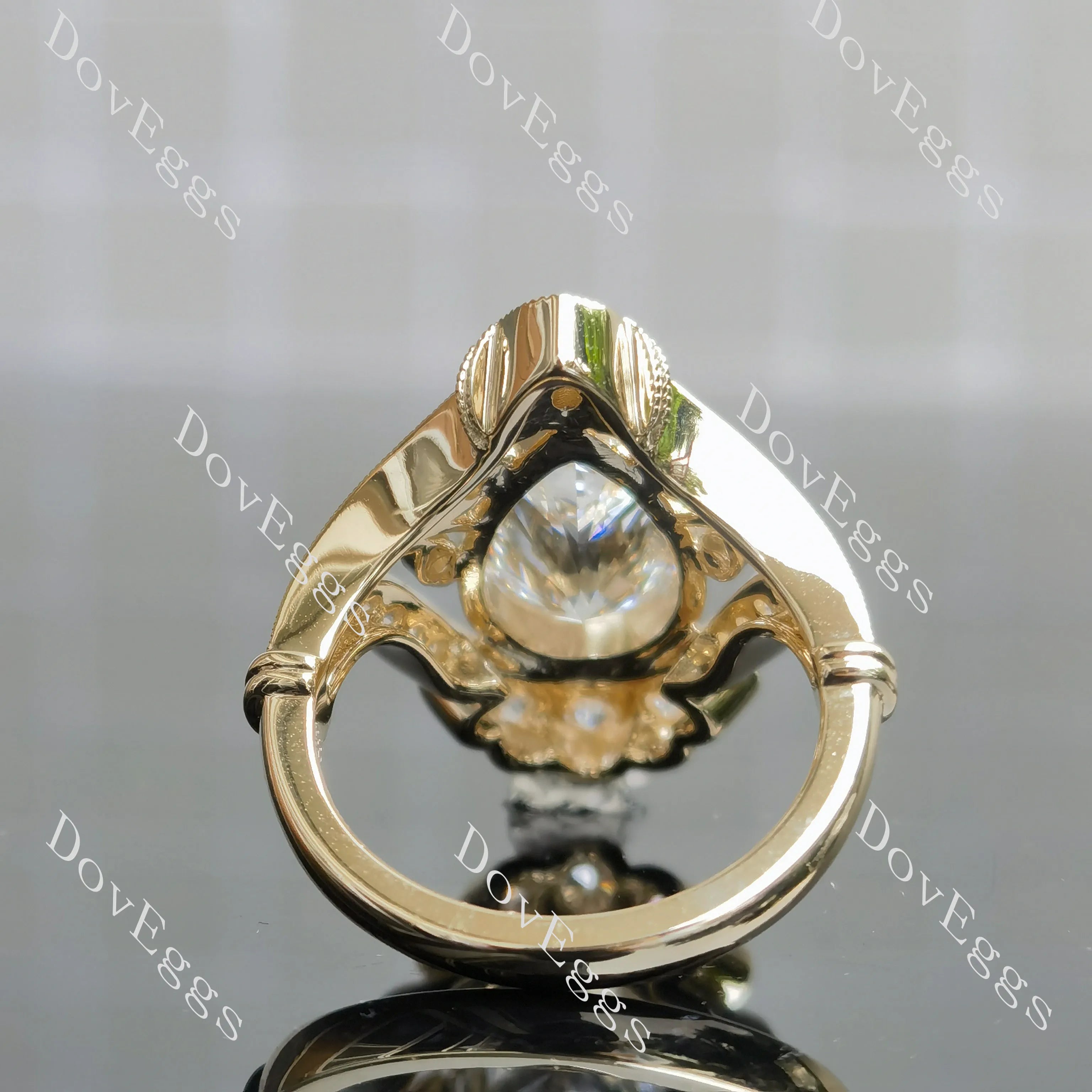 Beth's Victorian Lace-Pear bezel halo art deco moissanite engagement ring| DovEggs