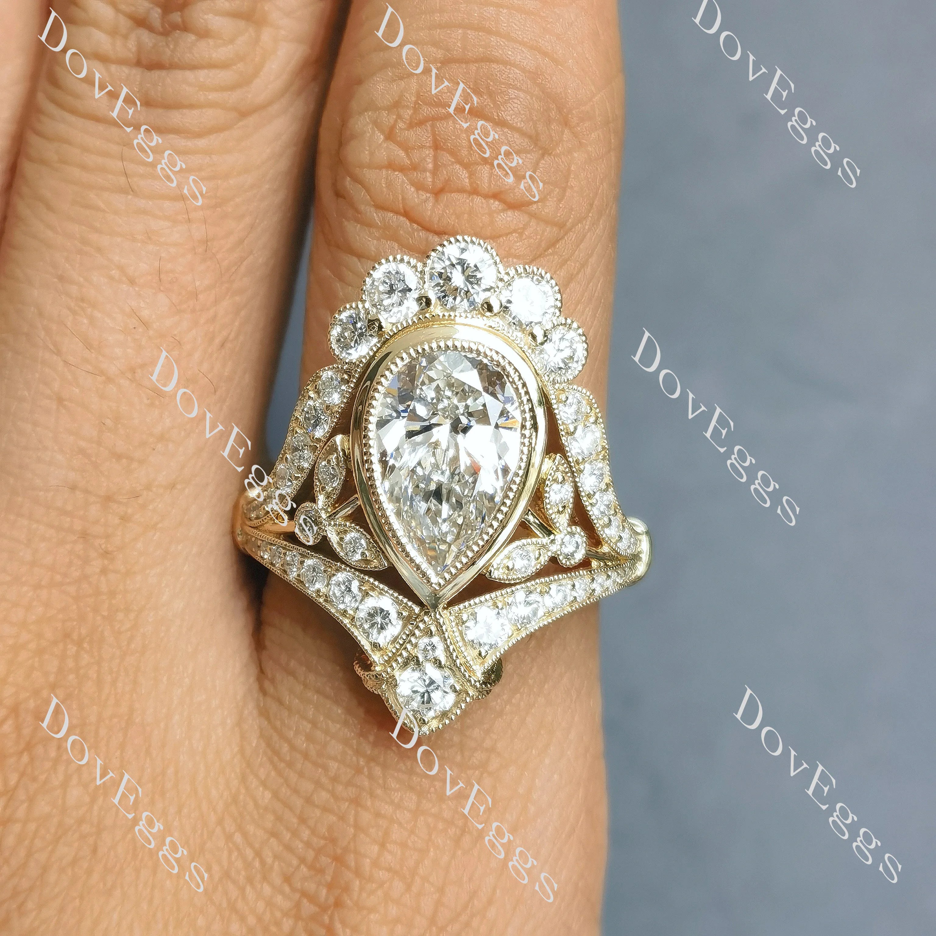 Beth's Victorian Lace-Pear bezel halo art deco moissanite engagement ring| DovEggs