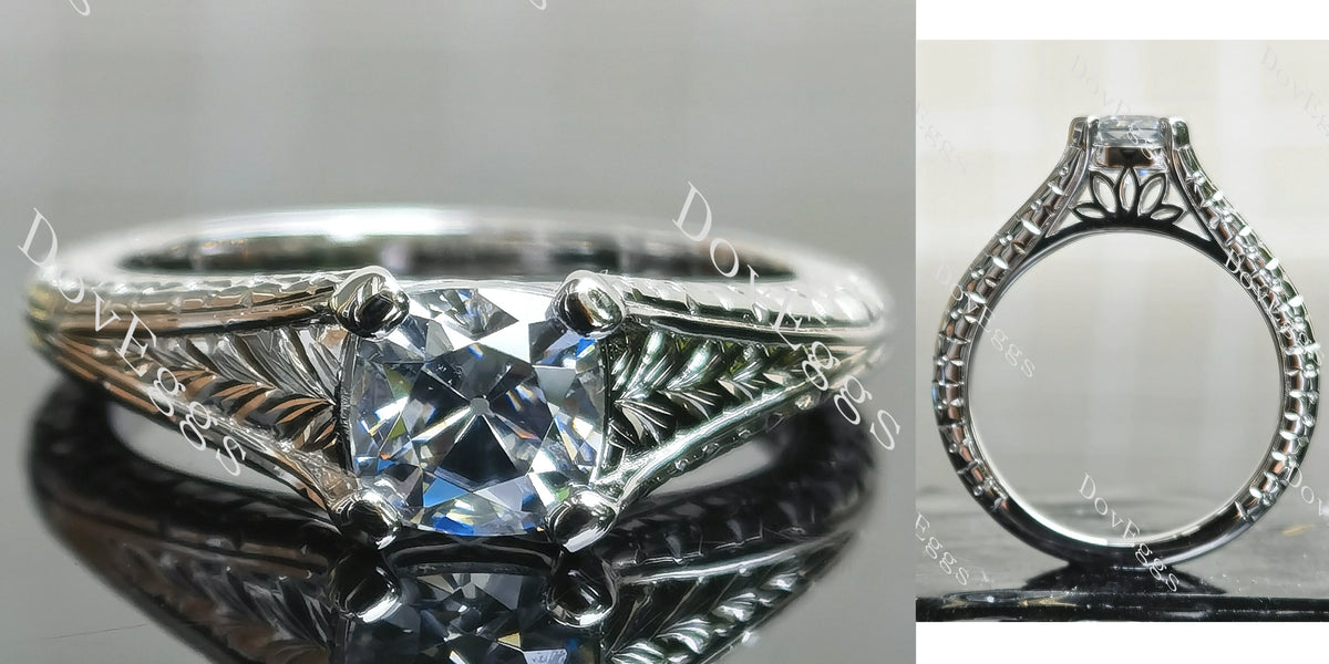 Cushion carved solitaire stardust grey moissanite engagement ring| DovEggs