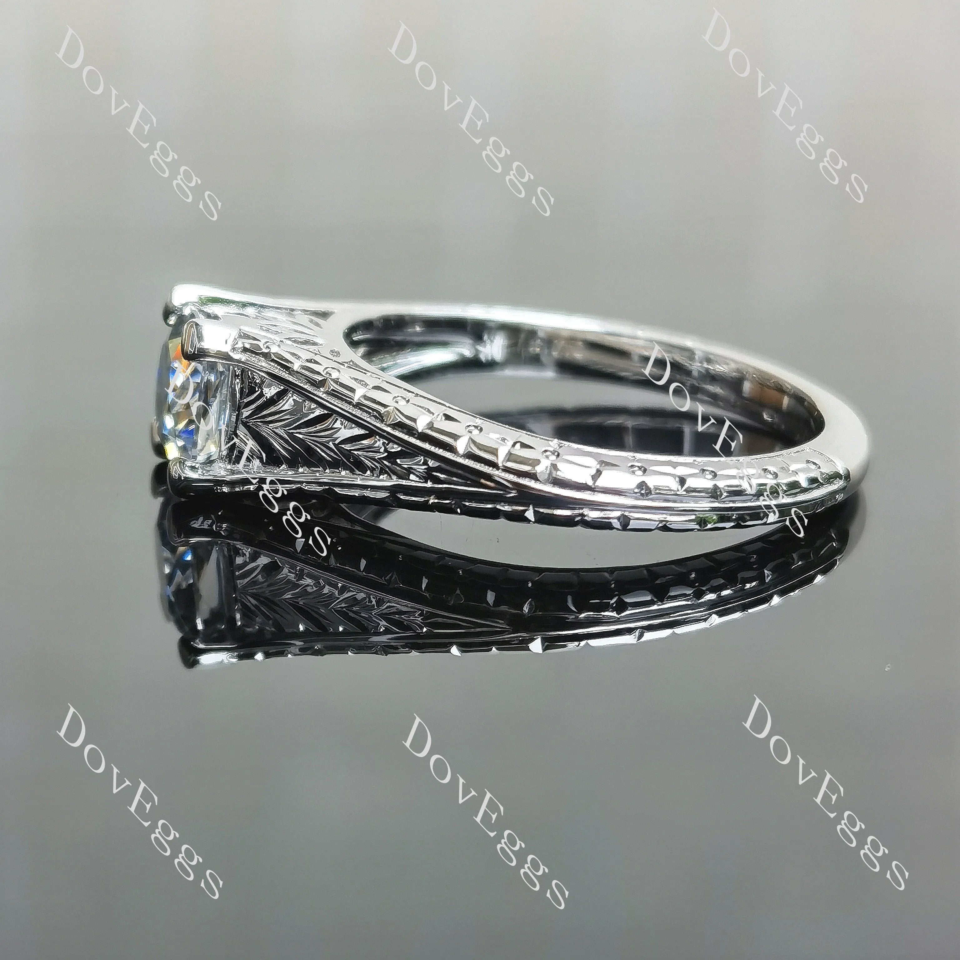 Cushion carved solitaire stardust grey moissanite engagement ring| DovEggs
