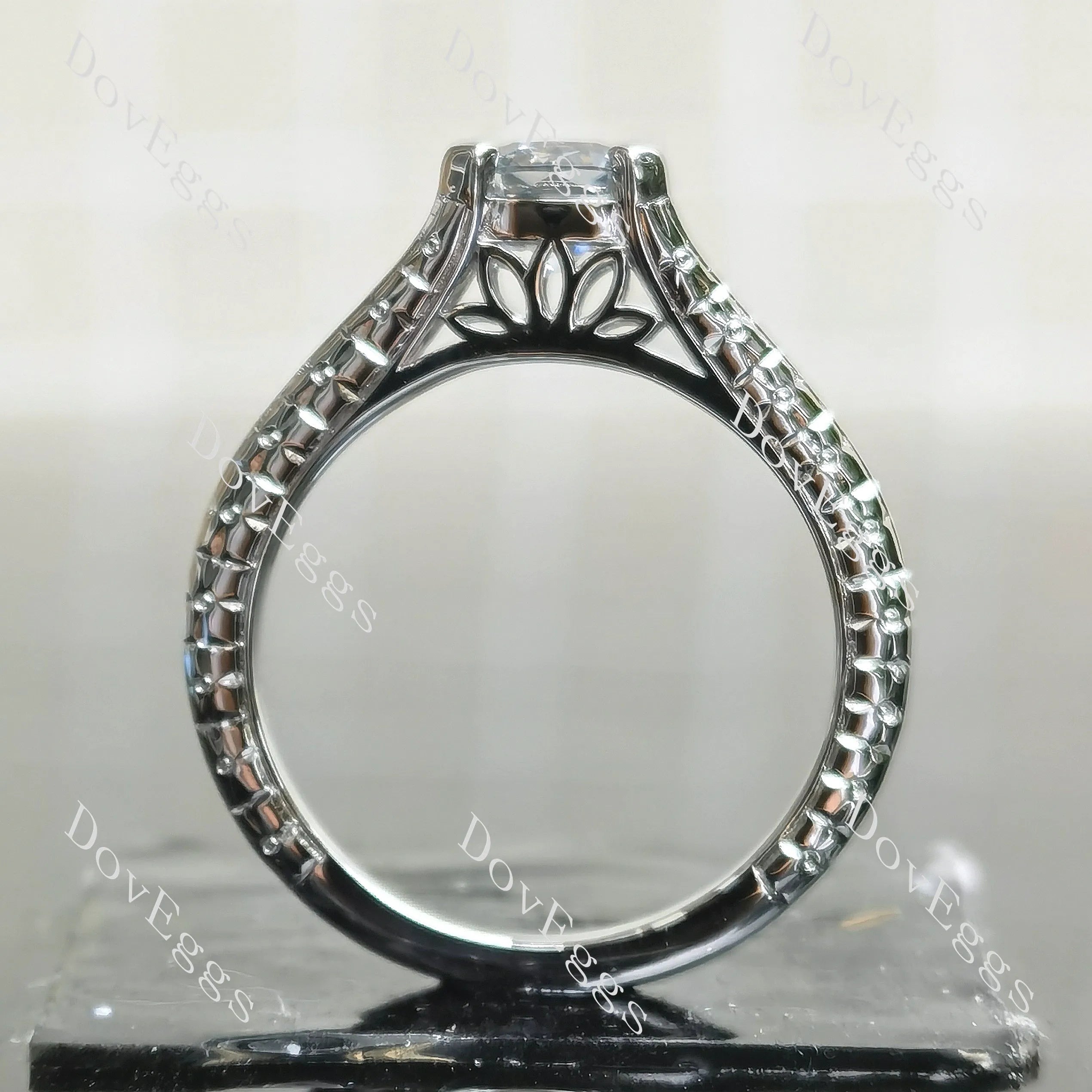 Cushion carved solitaire stardust grey moissanite engagement ring| DovEggs
