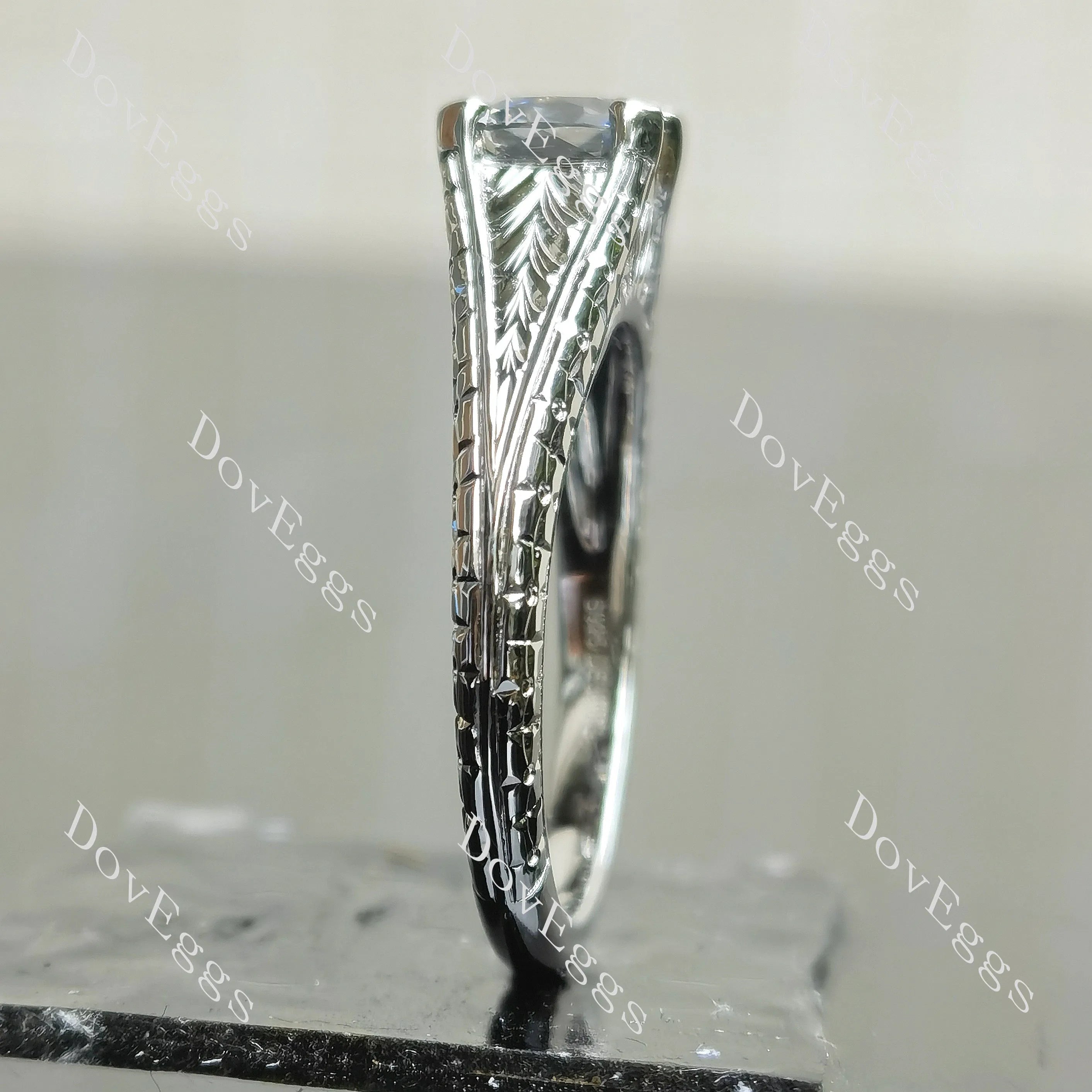 Cushion carved solitaire stardust grey moissanite engagement ring| DovEggs