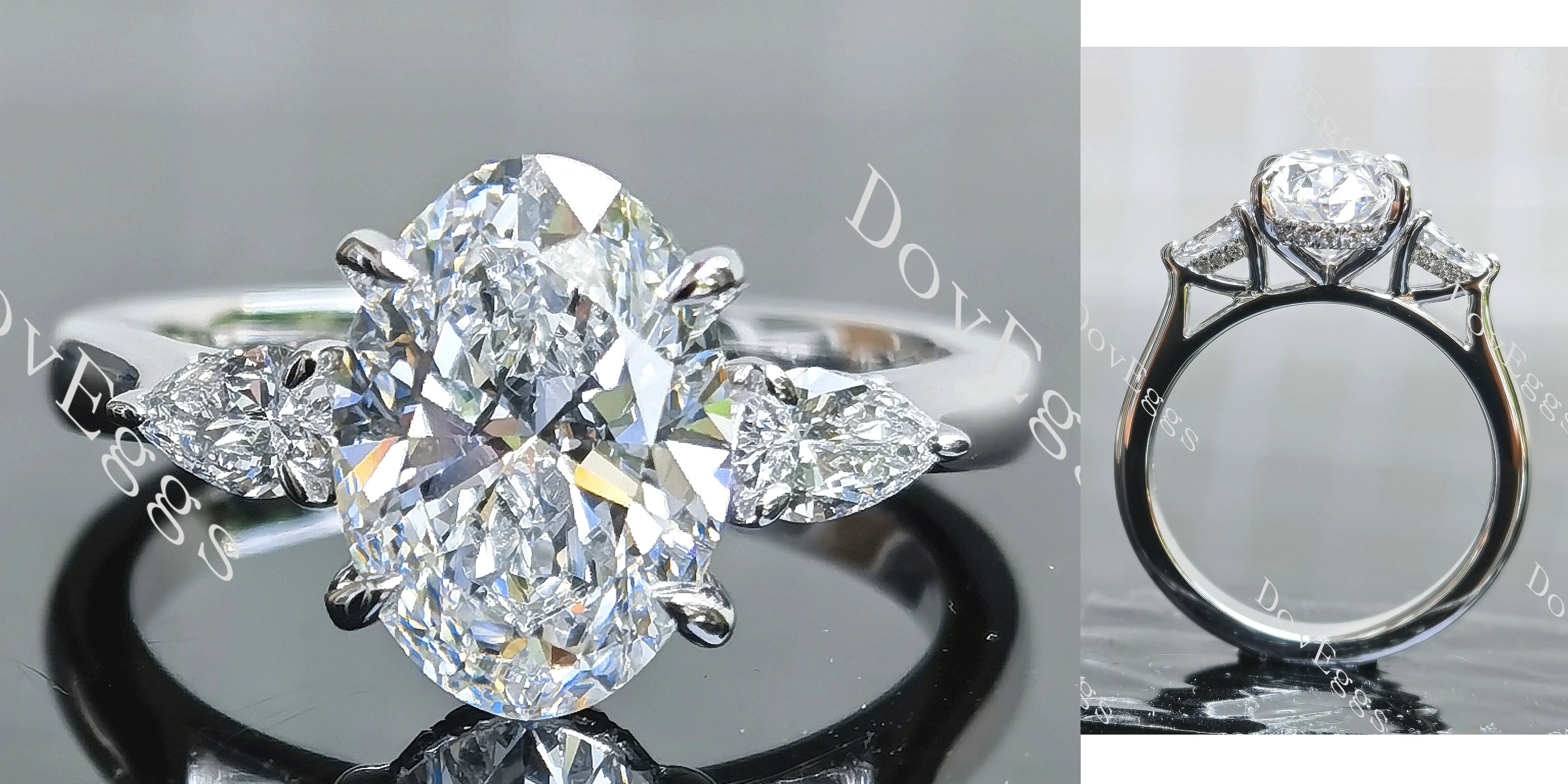 Oval side stones hidden halo moissanite engagement ring| DovEggs