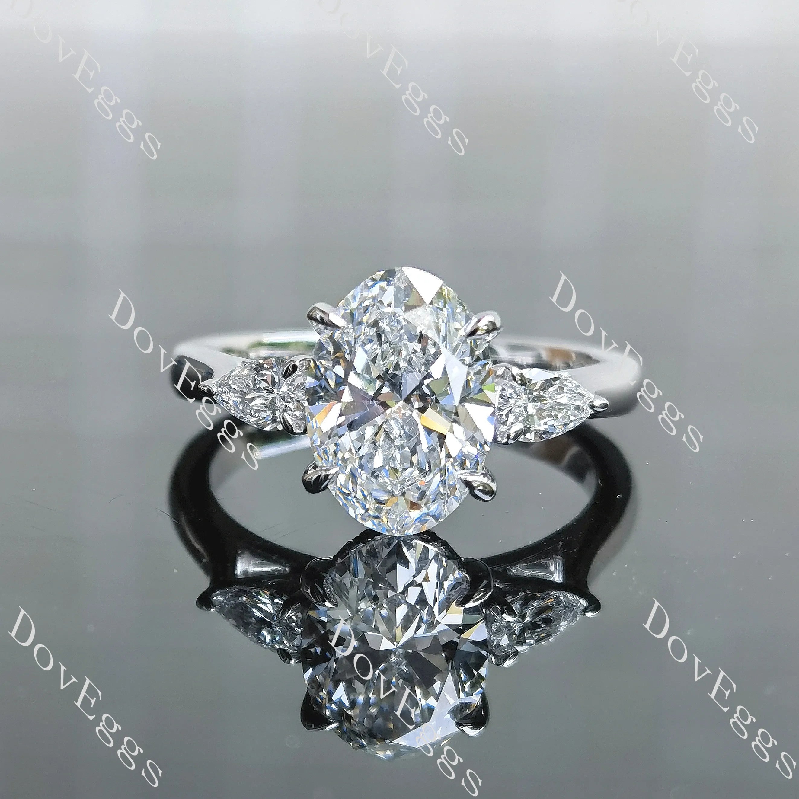 Oval side stones hidden halo moissanite engagement ring| DovEggs