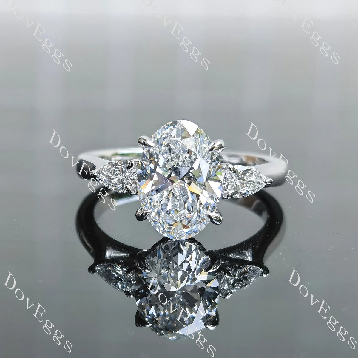 Oval side stones hidden halo moissanite engagement ring| DovEggs