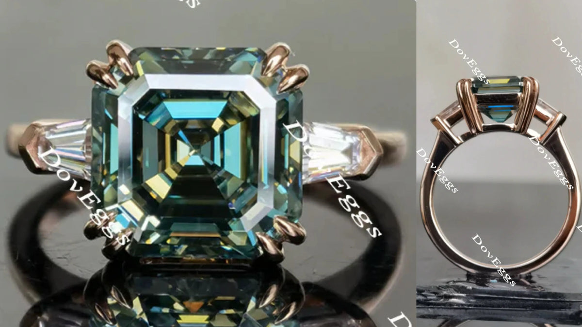 Doveggs Peacock blue asscher three stones moissanite engagement ring