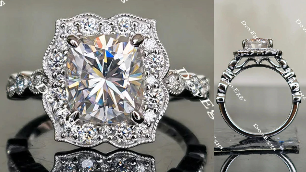 Cushion art deco halo moissanite engagement ring| DovEggs
