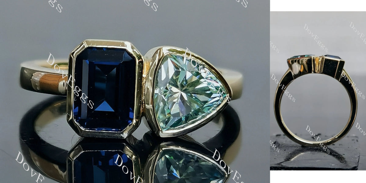 Doveggs fat trillion emerald two stones bezel setting moissanite & colored gem ring
