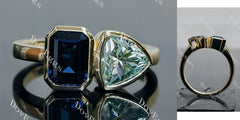 Doveggs fat trillion emerald two stones bezel setting moissanite & colored gem ring
