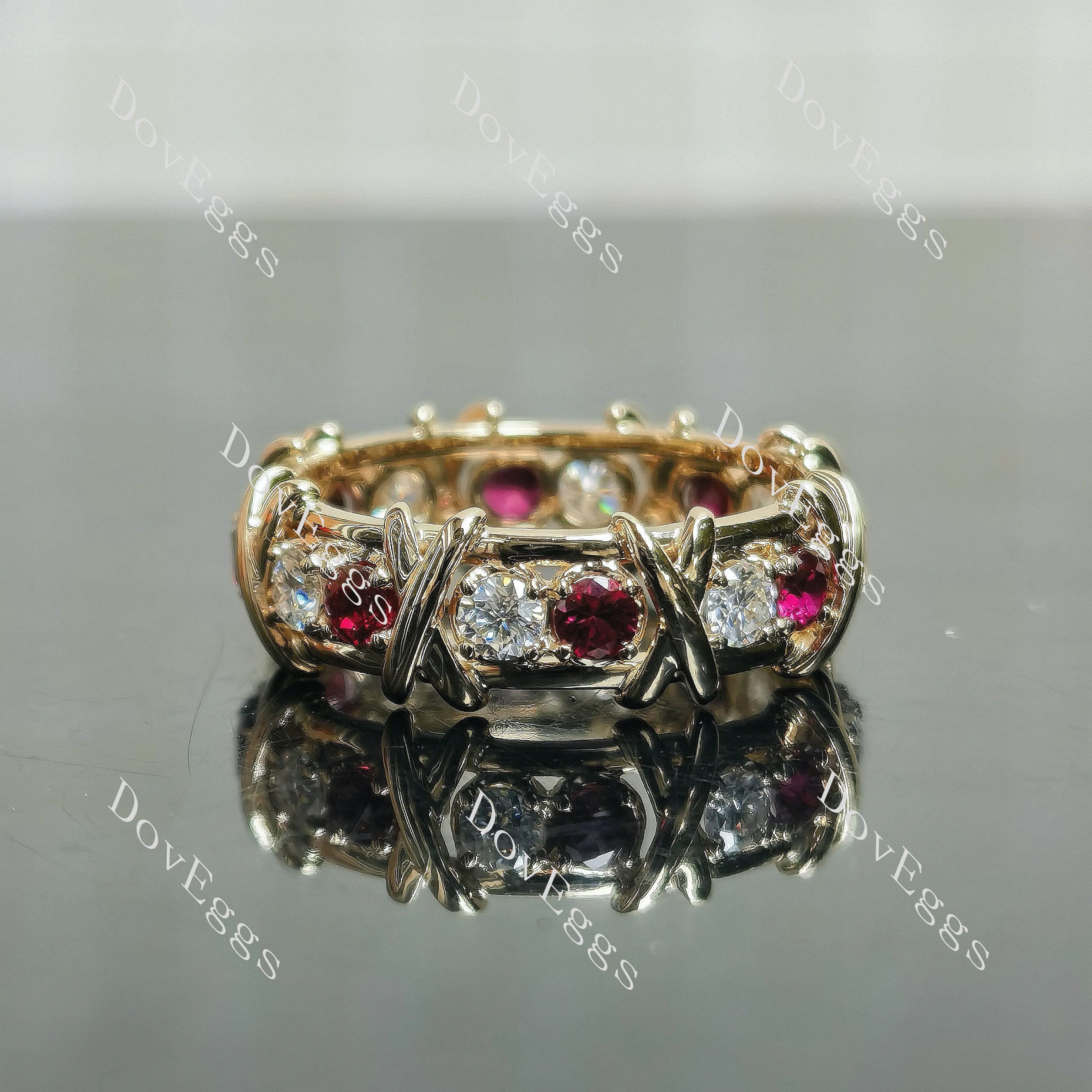 Doveggs round eternity moissanite/lab grown diamond and colored gem wedding band-6.8mm band width