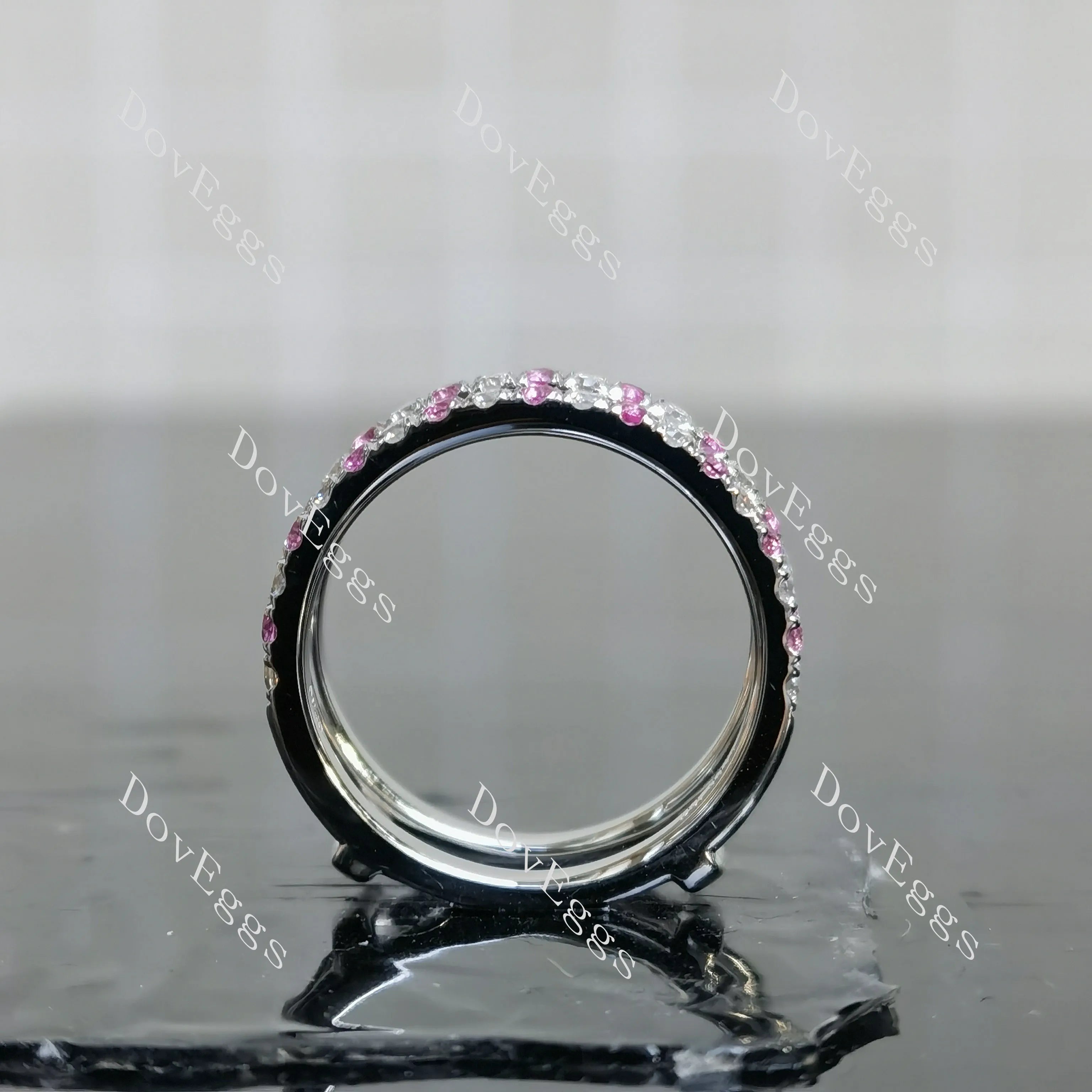 Doveggs round half eternity pave moissanite/lab grown diamond & colored gem wedding band-7.2mm band width