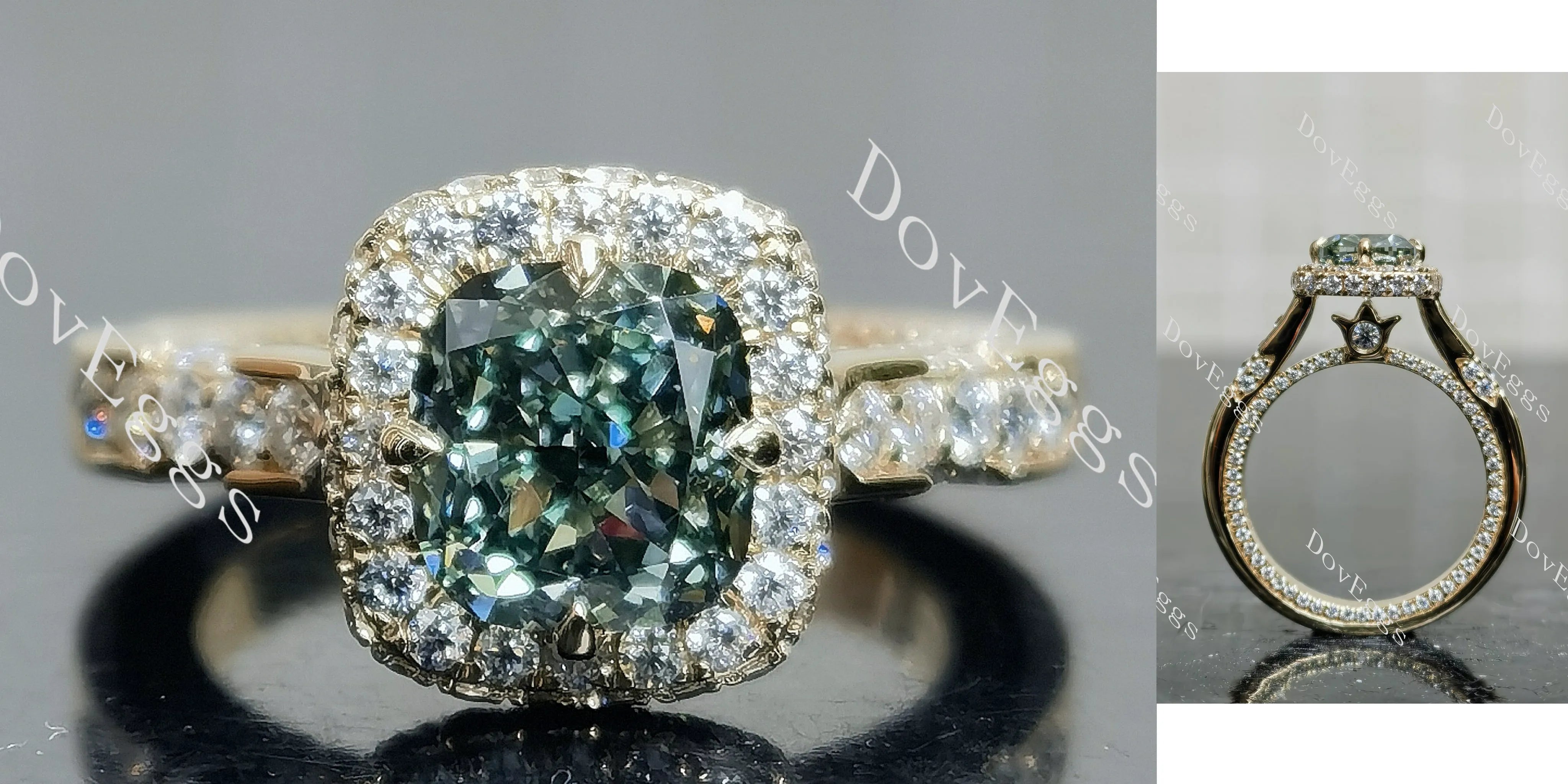 Doveggs Cushion Halo Green Lab Grown Diamond Engagement Ring