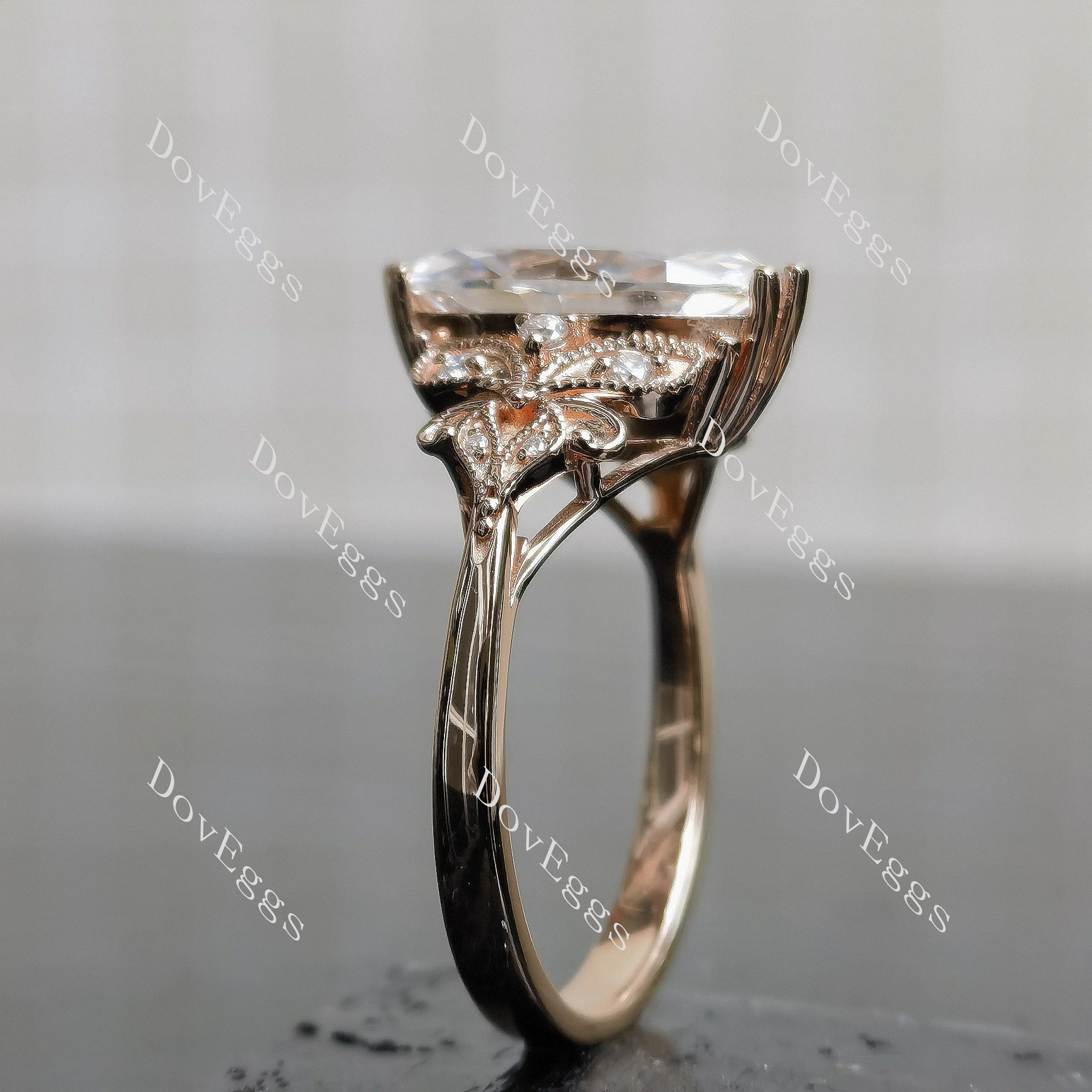 Doveggs Marquise Modified H&A cut vintage pave stones moissanite engagement ring