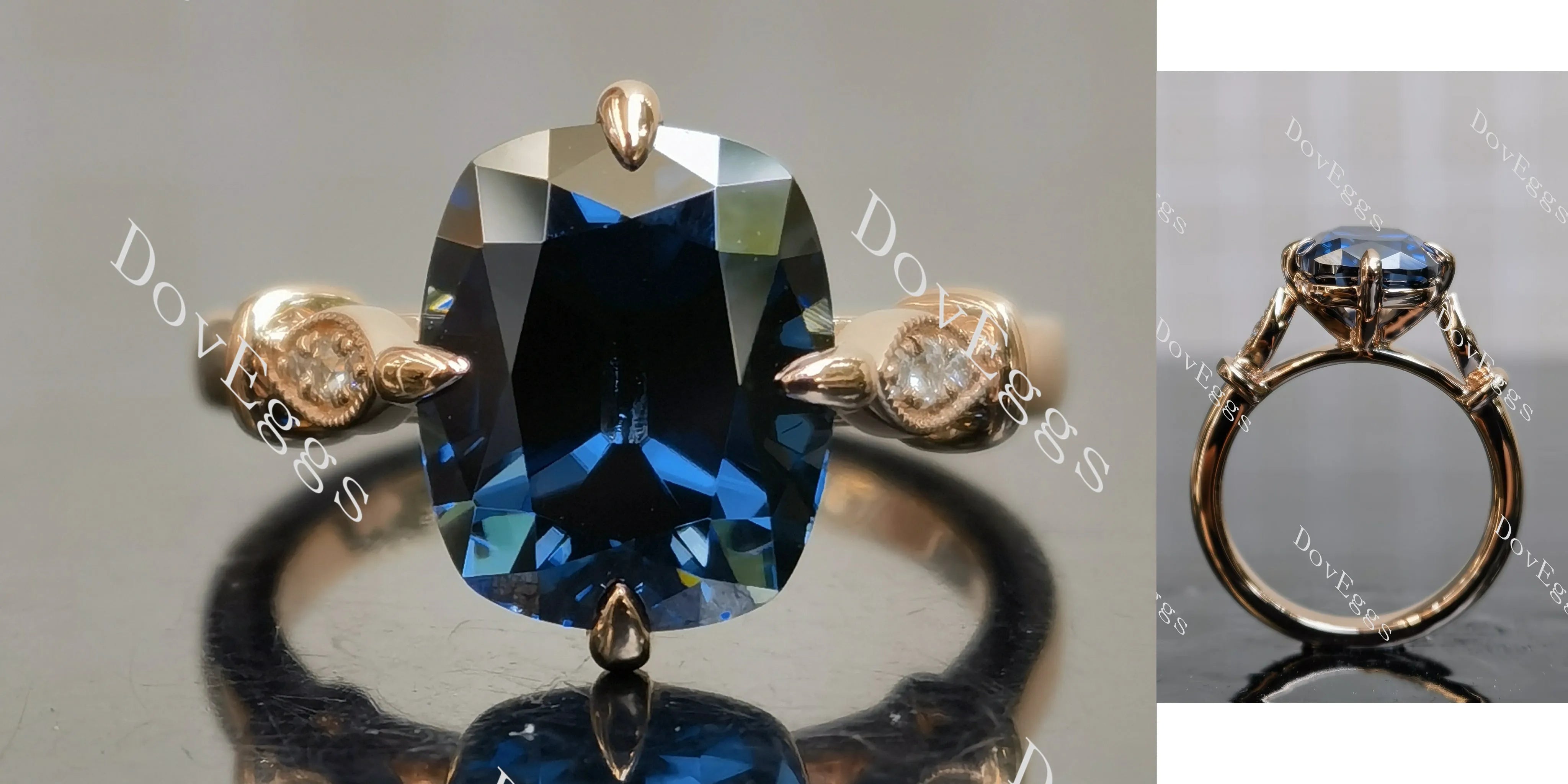 Twilight Dreams cushion side stones twilight blue moissanite engagement ring