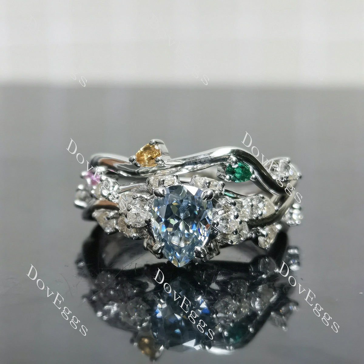(size 9)Doveggs sterling silver 1.5ct Pear moissanite engagement ring set