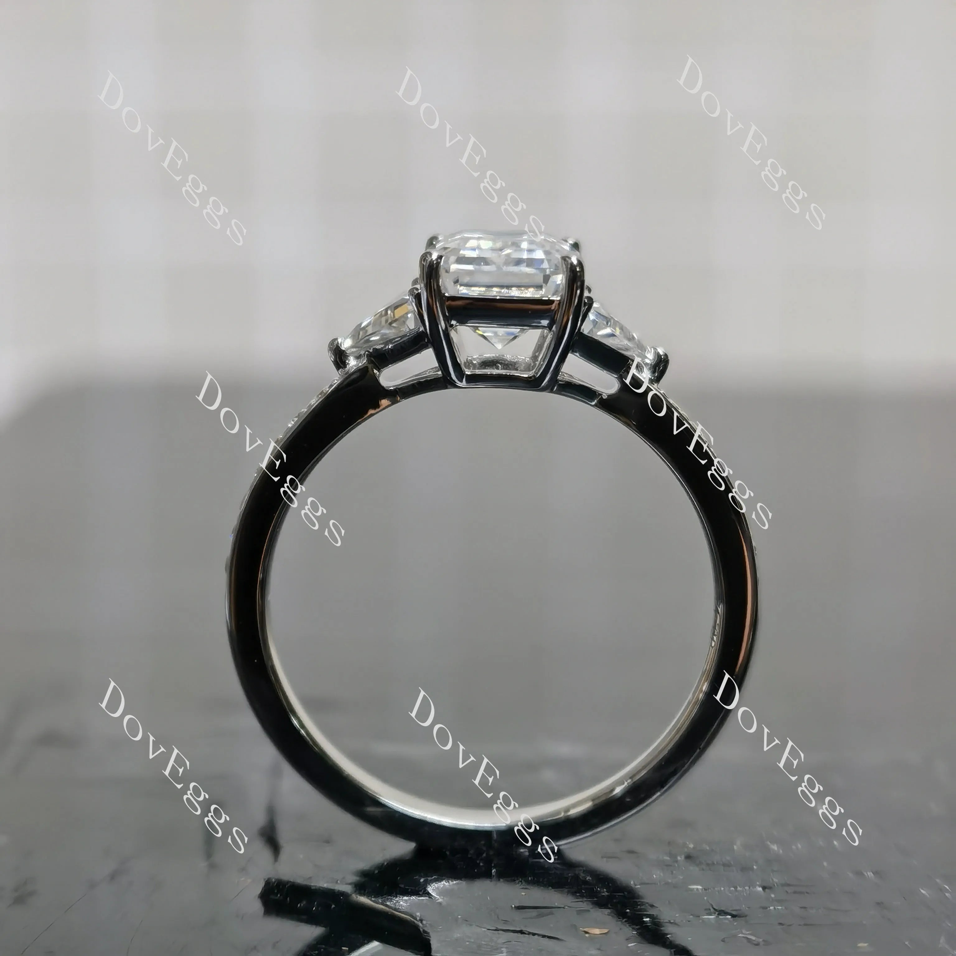 Emerald three stones pave moissanite engagement ring| DovEggs