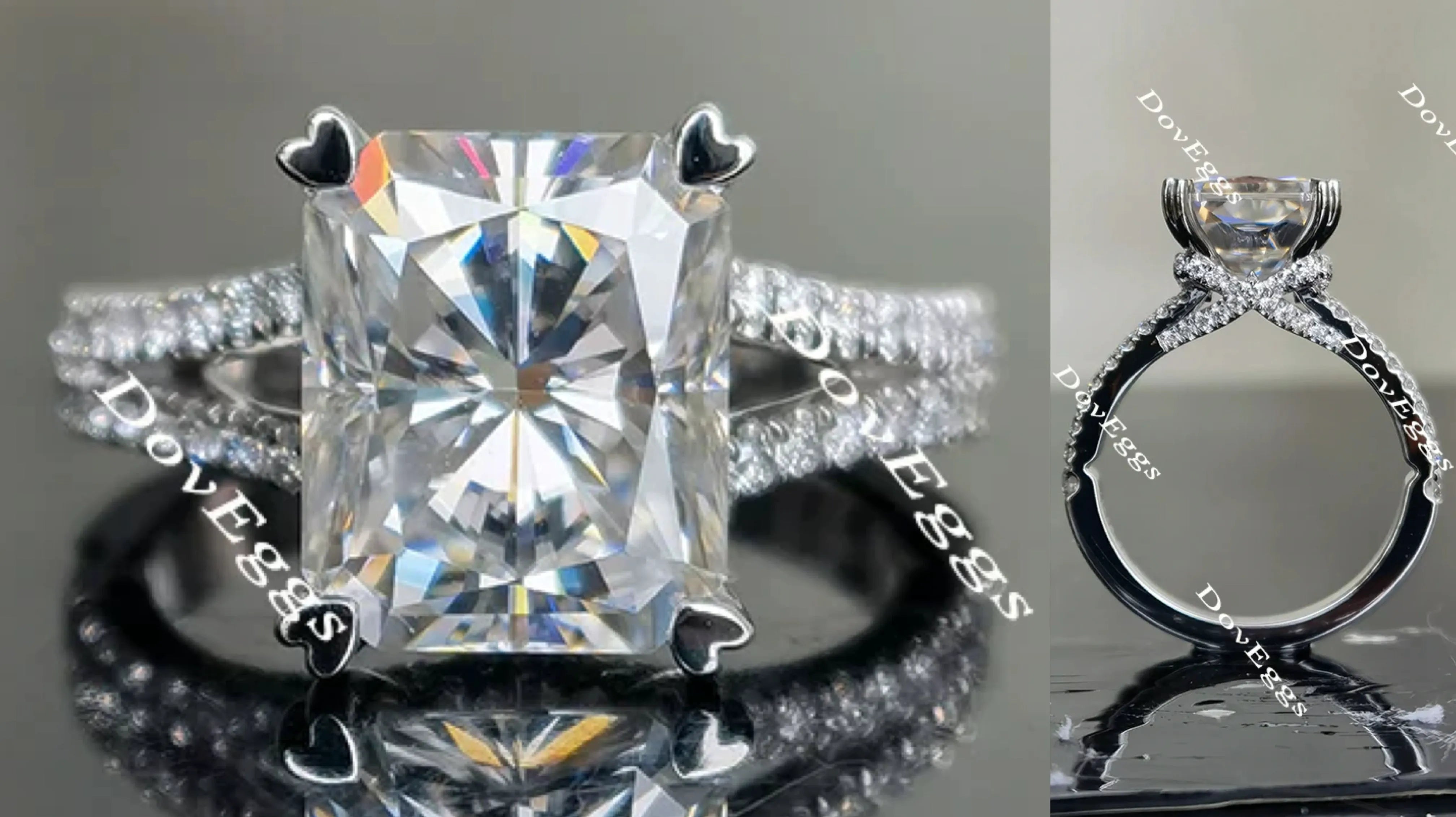 Doveggs radiant split shank pave moissanite engagement ring