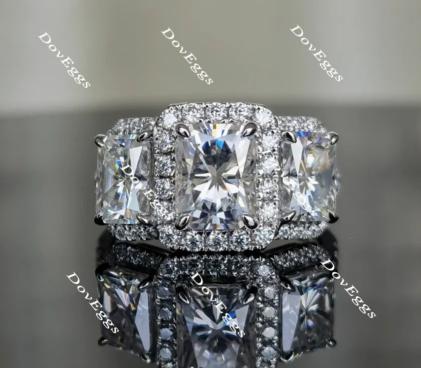Doveggs halo three stone radiant moissanite engagement ring