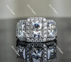 Doveggs halo three stone radiant moissanite engagement ring