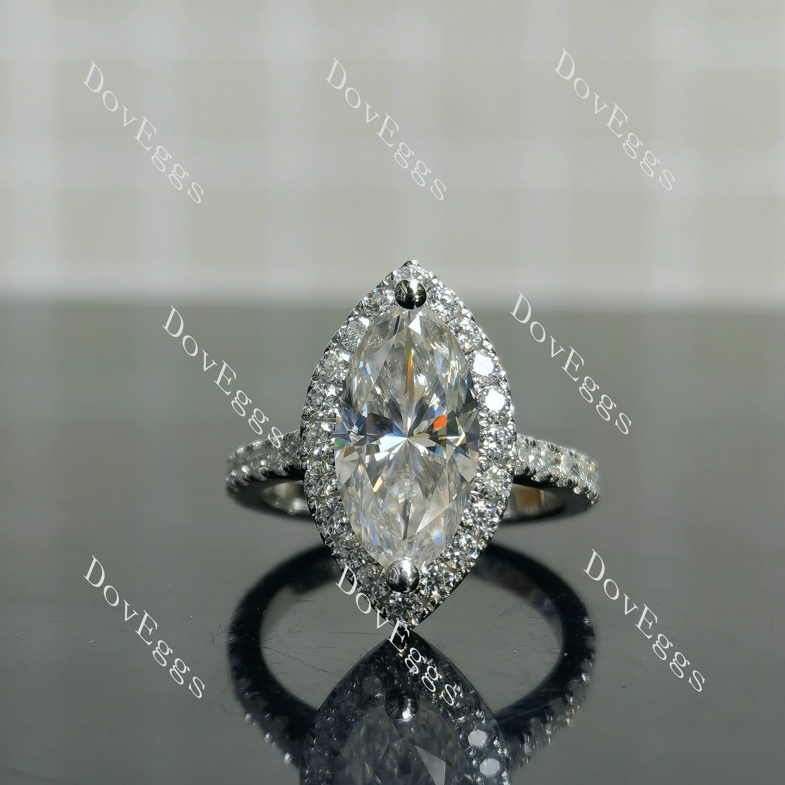 Doveggs Marquise Modified H&A cut halo pave moissanite engagement ring