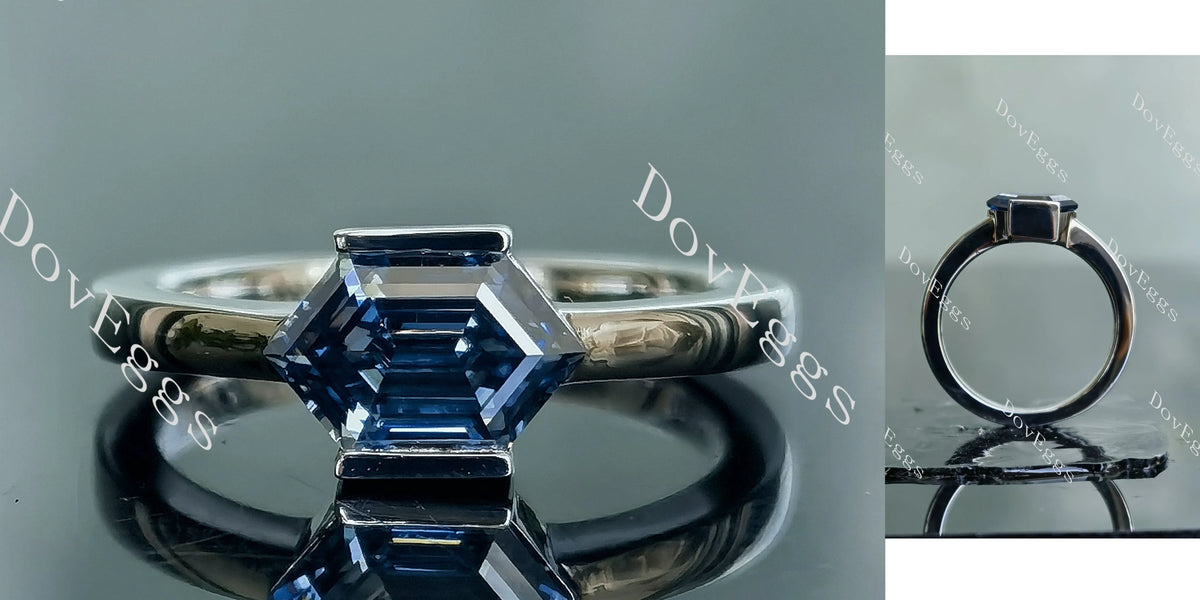 Doveggs Dovie Doutch Marquise cut bezel solitaire twilight blue moissanite engagement ring