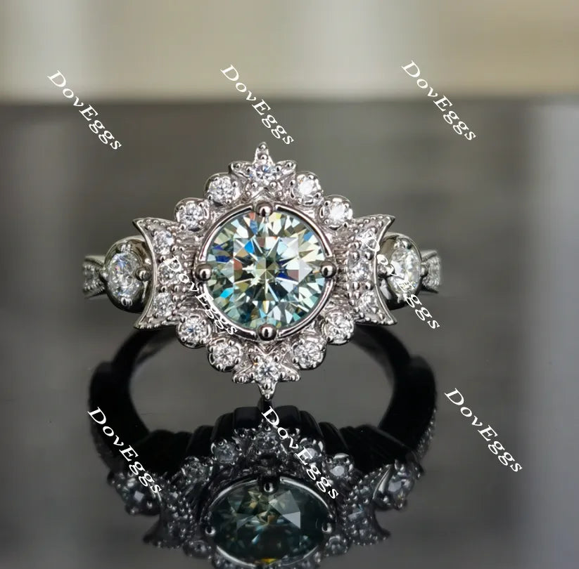 Doveggs round art deco Peacock blue moissanite engagement ring