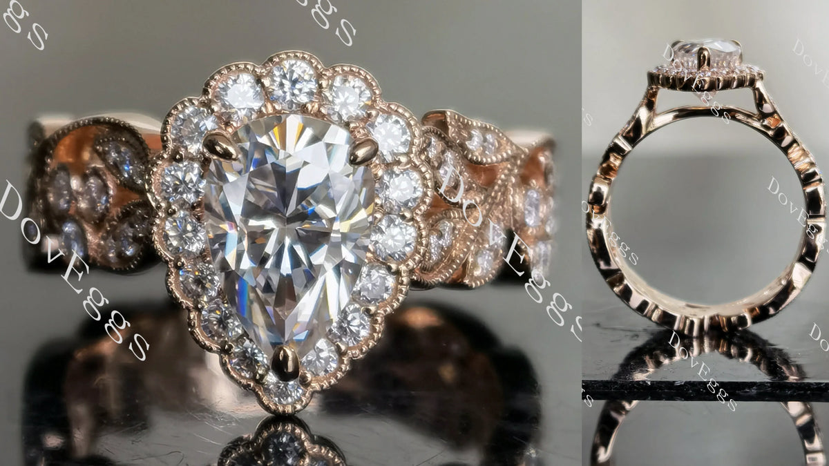 DovEggs pear full eternity halo moissanite engagement ring