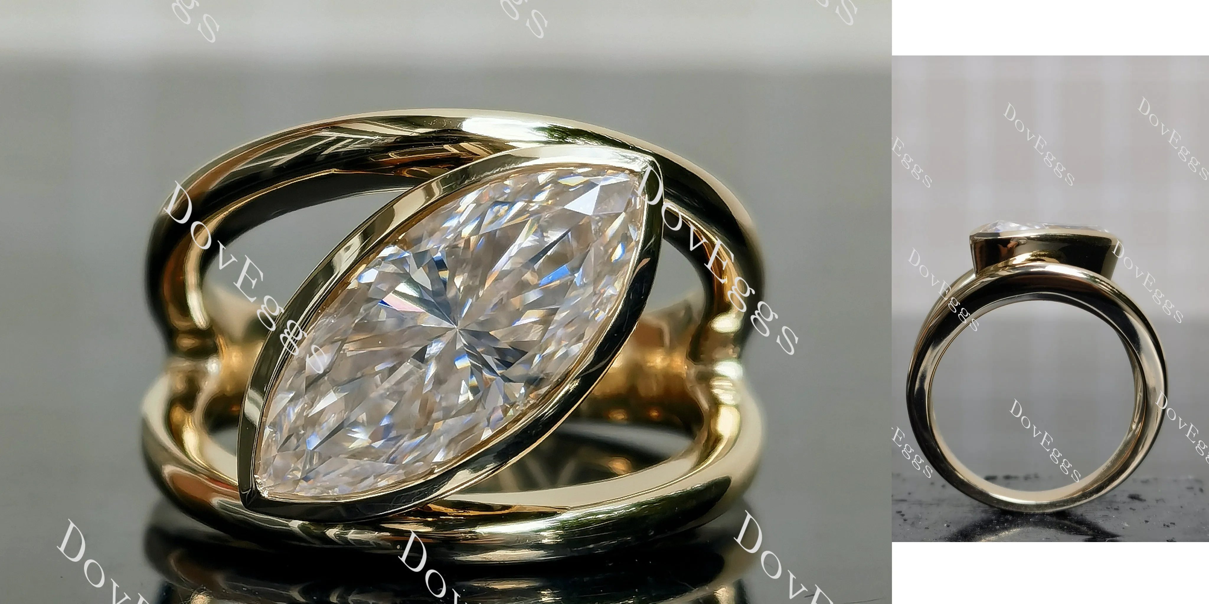 Doveggs Marquise Modified H&A cut bezel solitaire moissanite engagement ring