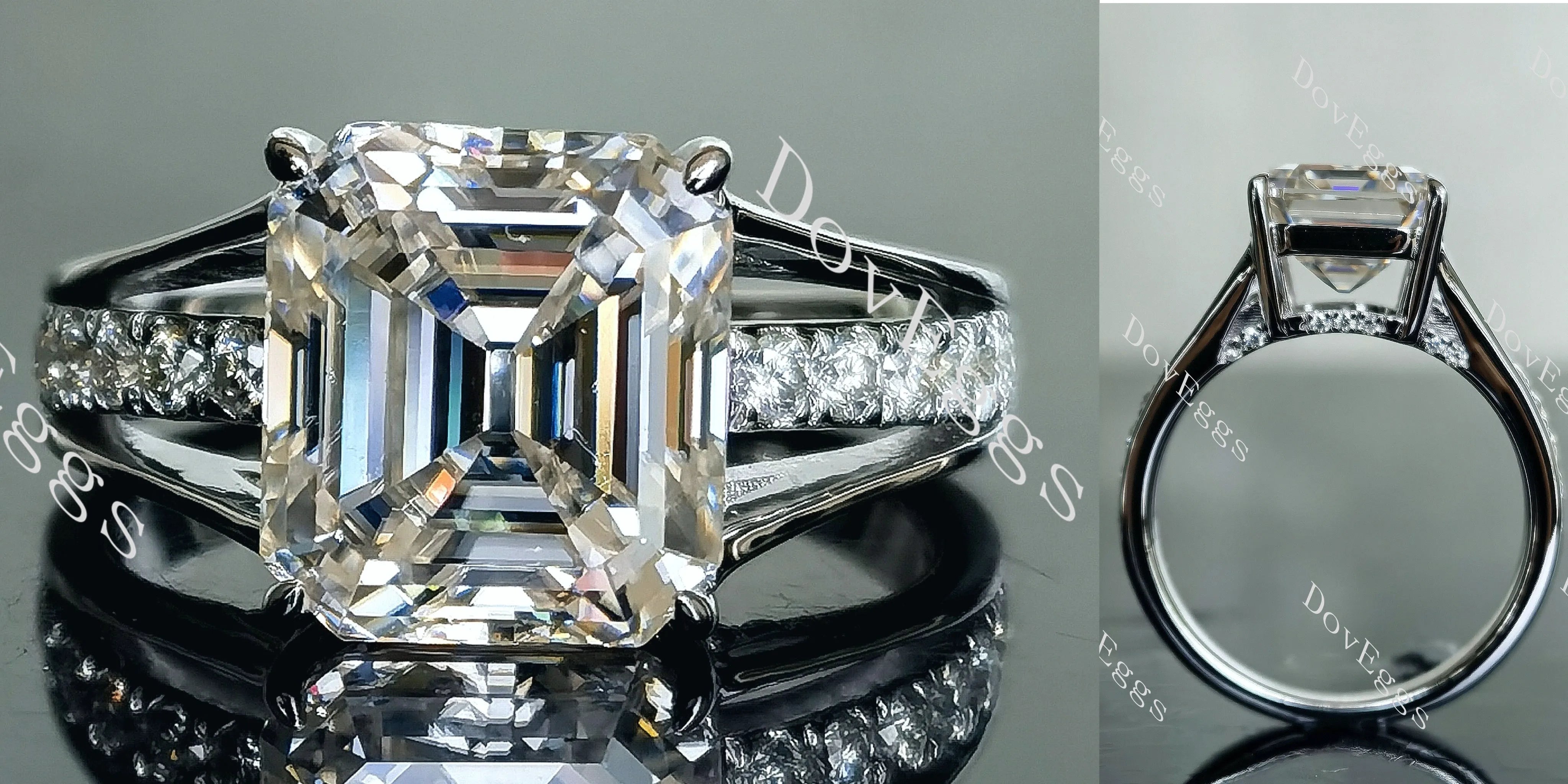 Doveggs Elizabeth Taylor Krupp cut half eternity pave moissanite engagement ring