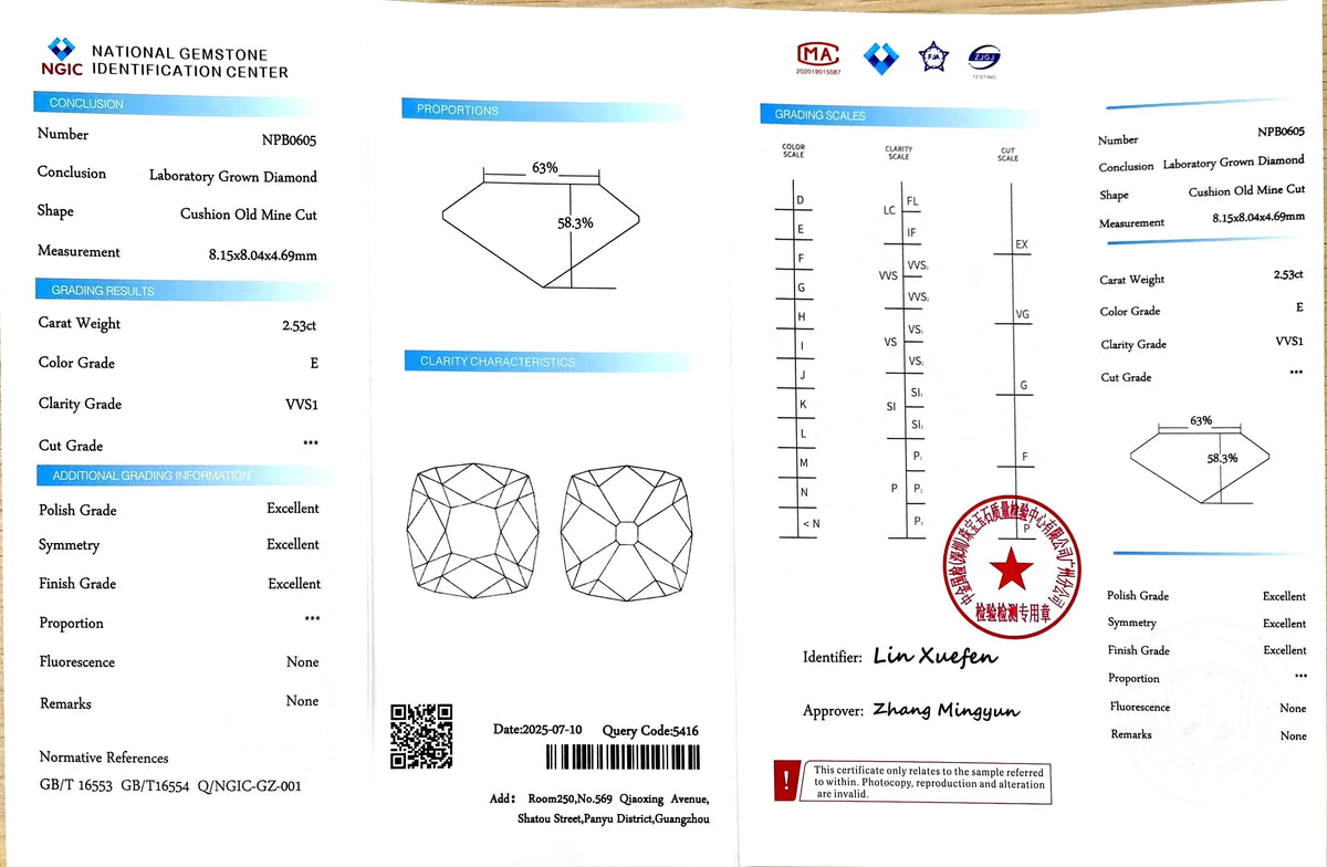 2.53ct Cushion Old Mine Cut Lab Diamond - E Color VVS1 | Doveggs Certified