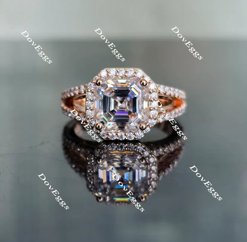 Doveggs asscher split shank halo pave moissanite engagement ring